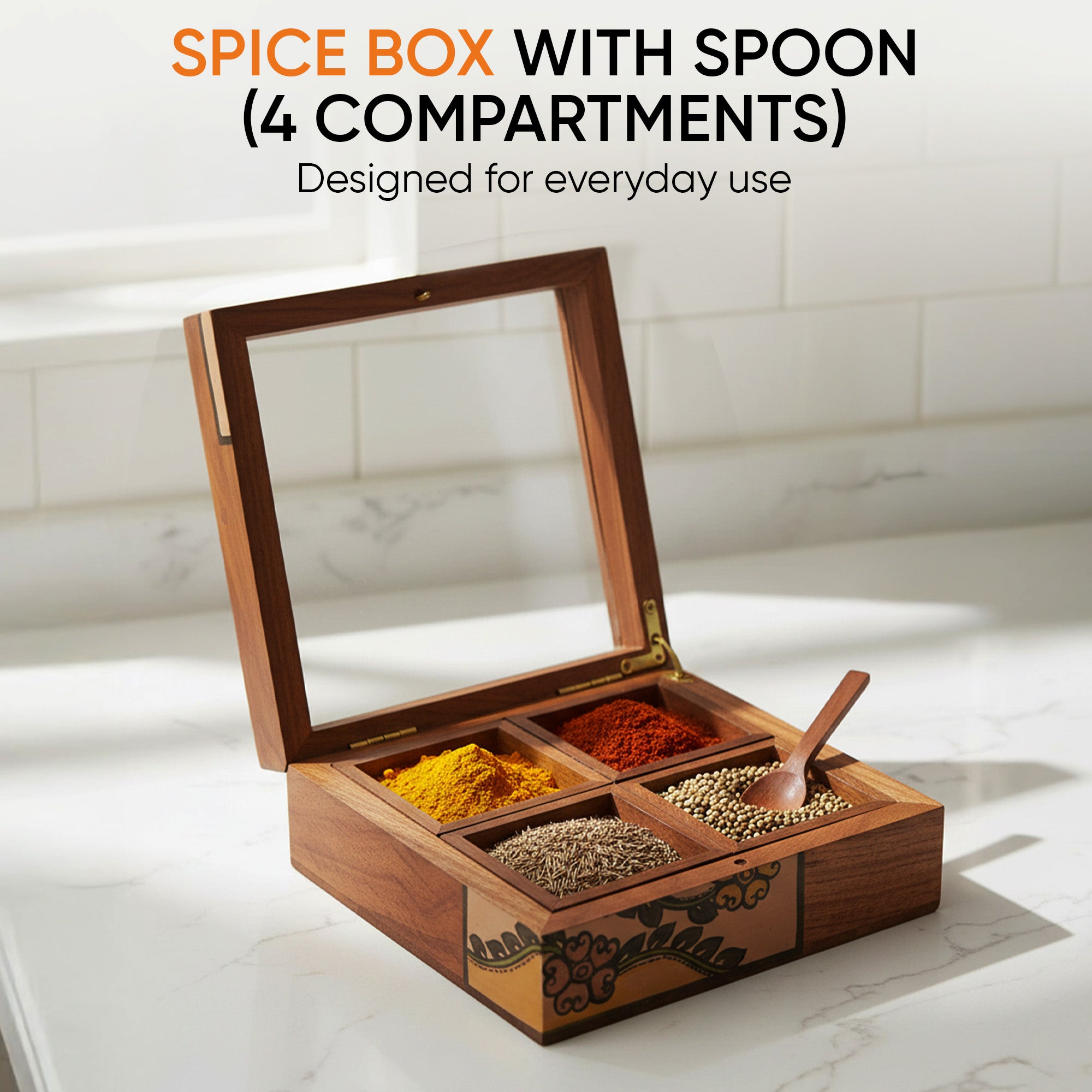 Spice Box Handcrafted Tribal Art 4 Slot Wooden with Spoon (6x6x2)