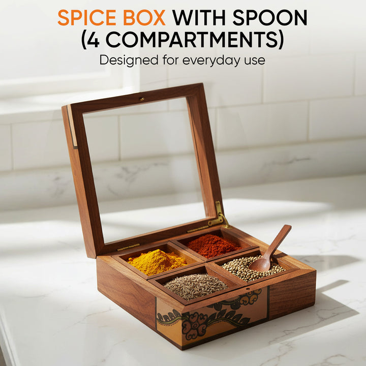 Spice Box Handcrafted Tribal Art 4 Slot Wooden with Spoon (6x6x2)