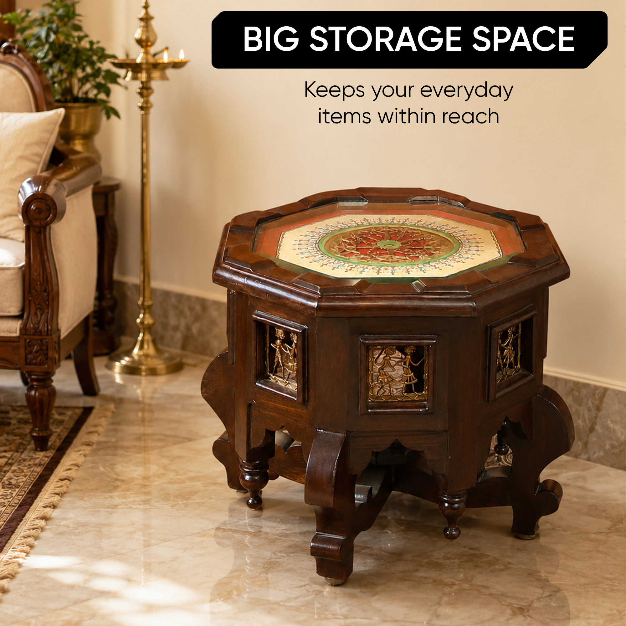 Princess Octagonal Accent Table in Teak Wood with Walnut Finish (15x15x12)