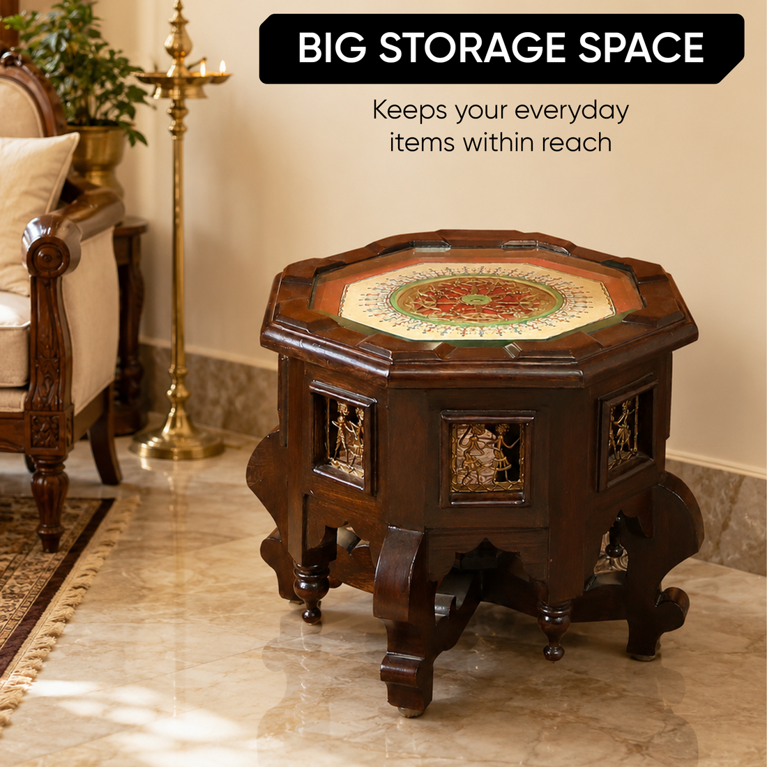 Princess Octagonal Accent Table in Teak Wood with Walnut Finish (15x15x12)