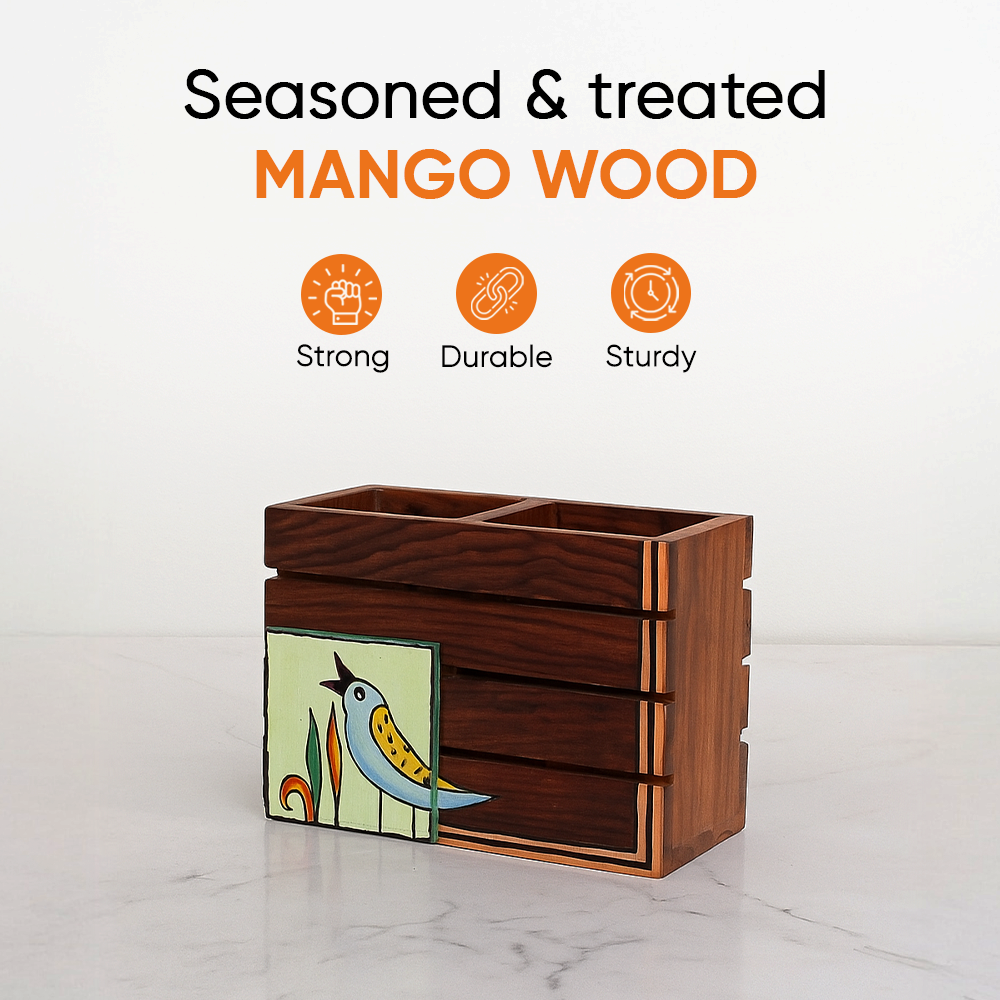 Kyoku Hand Painted Wooden Cutlery Holder, Compact Organizer for Dining Table and Kitchen