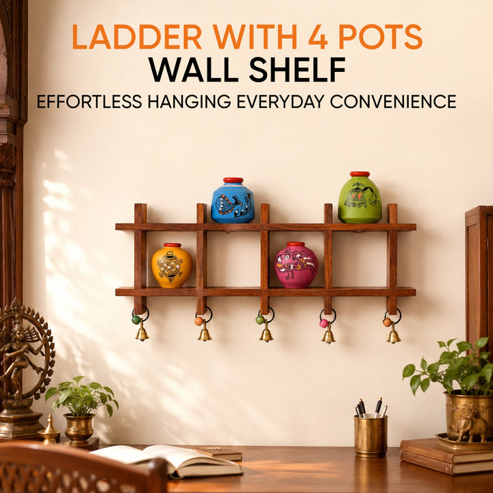 Wall Decor Ladder & 4 Colored Handcrafted Madhubani Pots (16x2x9.4)