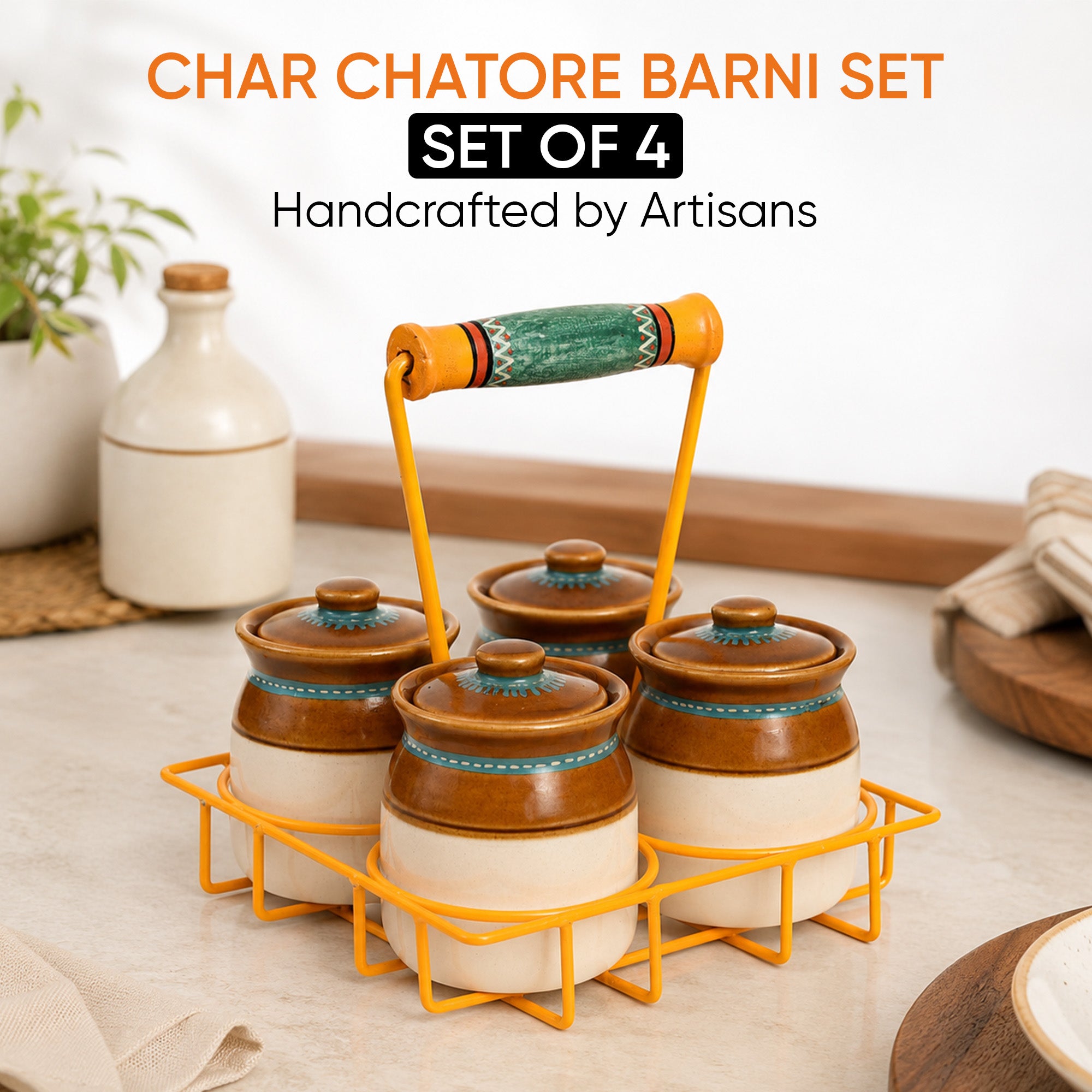 Char Chatore Barni Set (SO4) in Yellow Handpainted Metal Stand (7x7x8)