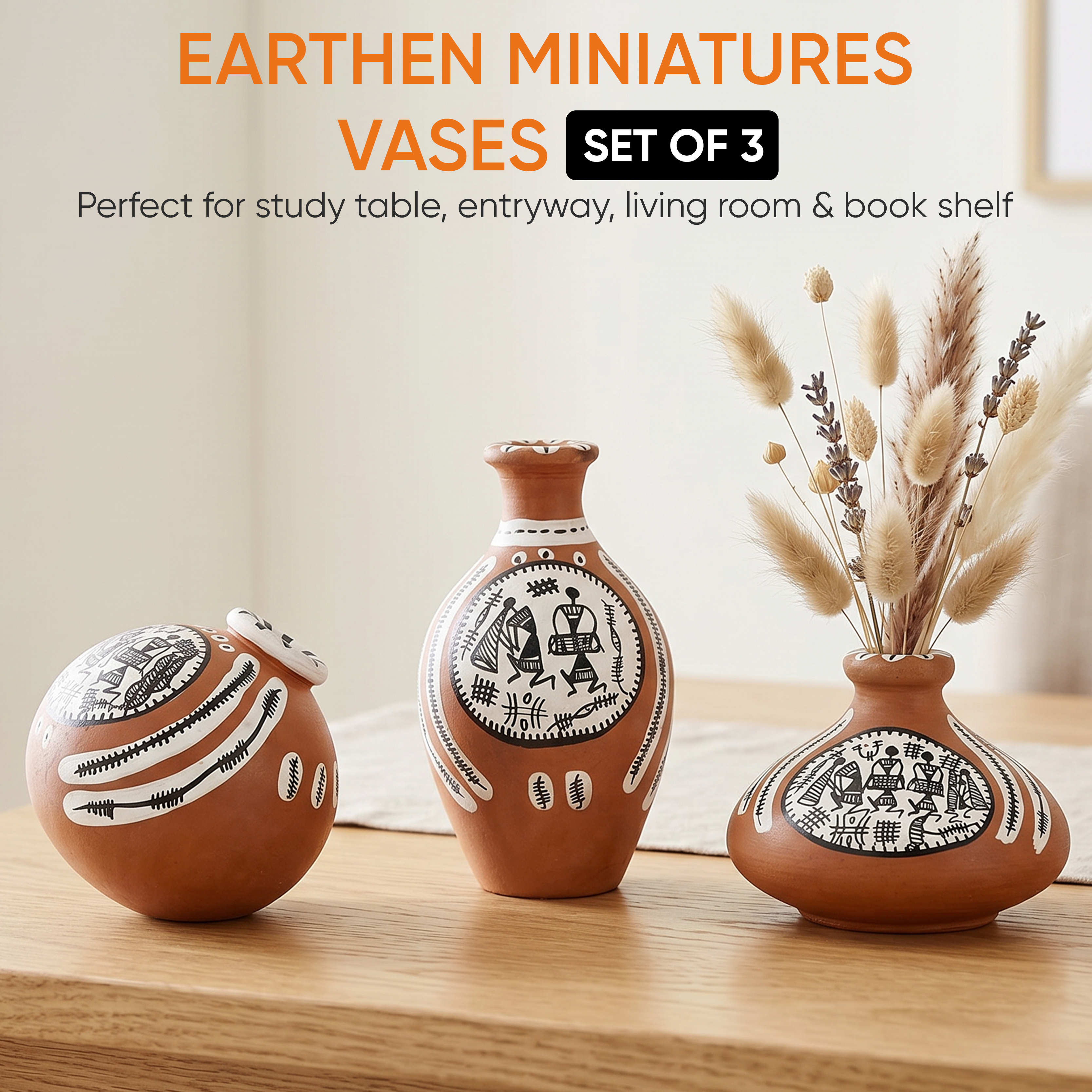 Vase Earthen Miniatures Natural Warli (Set of 3) 2.4/2/2