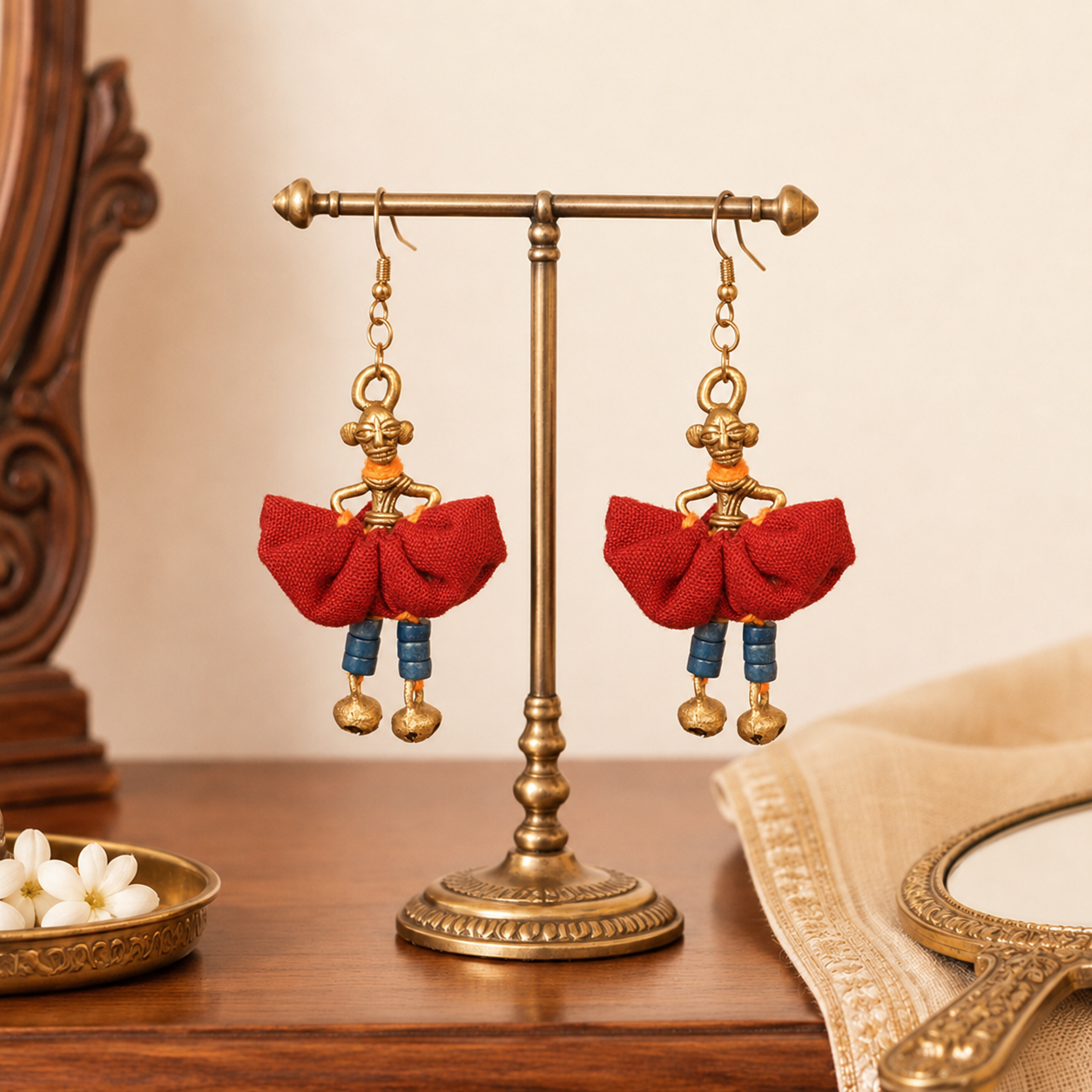 The Dancing Empress Handcrafted Tribal Dhokra Earrings in Sunset Orange
