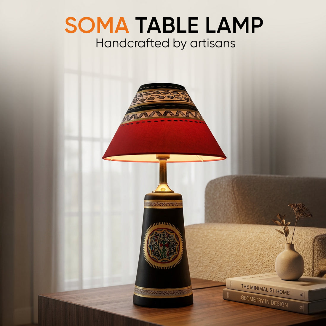 Soma Table Lamp- Hand Painted with warli Art in Black with Red Hand Painted Fabric Shade