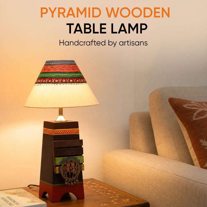 Pyramid wooden Table Lamp in Brown with Brass motifs, decorated with Tribal paintings with white Shade