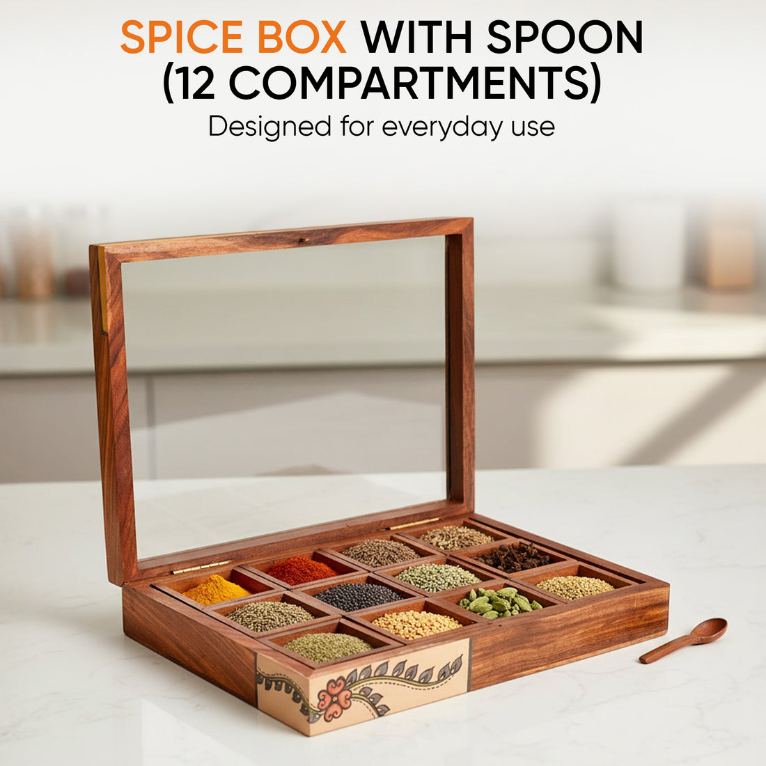 Spice Box Handcrafted Tribal Art 12 Slot Wooden with Spoon (10.5x8x2)