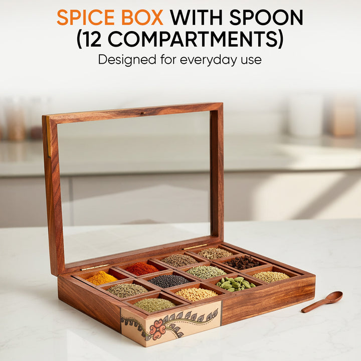 Spice Box Handcrafted Tribal Art 12 Slot Wooden with Spoon (10.5x8x2)