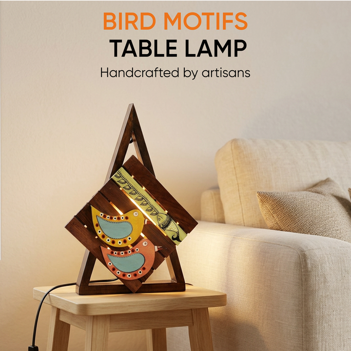 Table Lamp Handcrafted in Wood with Tribal & Bird Motifs (8.4x2.6x12")