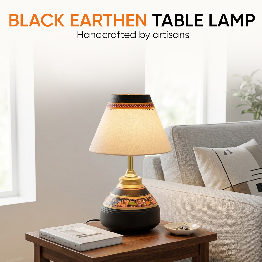 Table Lamp Black Earthen Handcrafted with White Shade (9.5x6")