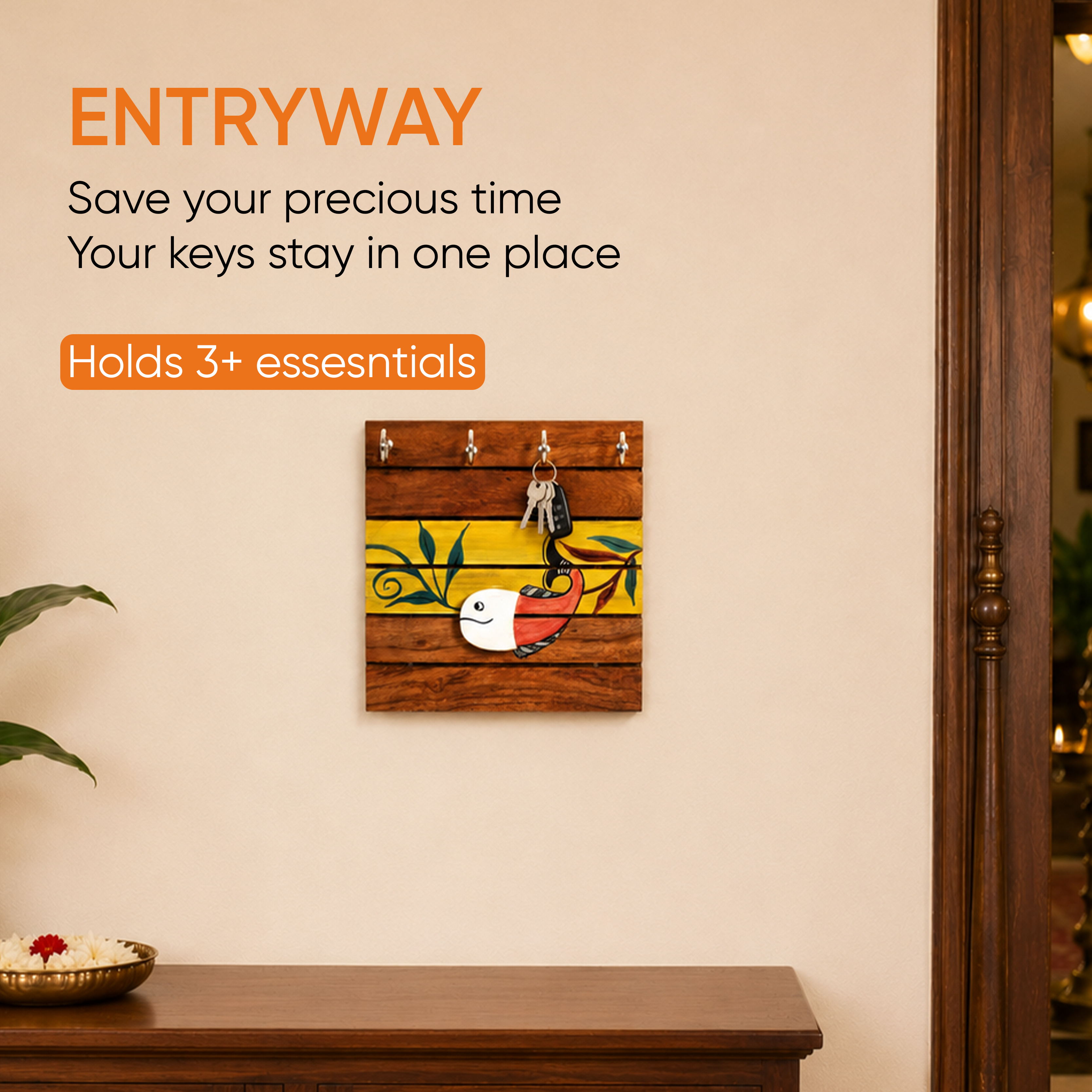 Boga Hand Painted Wooden Key Holder, Wall Mounted Key Hanger with Bird Design for Homedecor