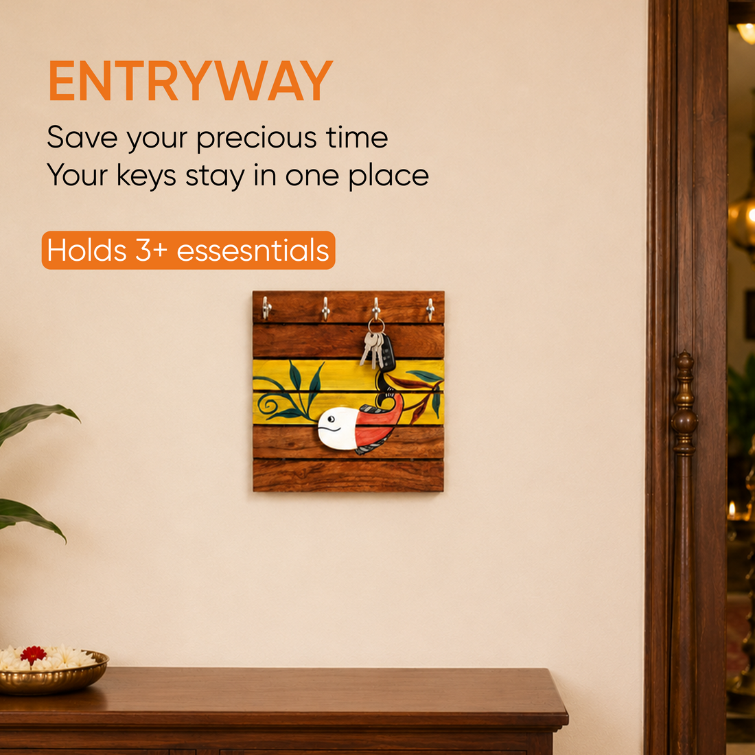 Boga Hand Painted Wooden Key Holder, Wall Mounted Key Hanger with Bird Design for Homedecor
