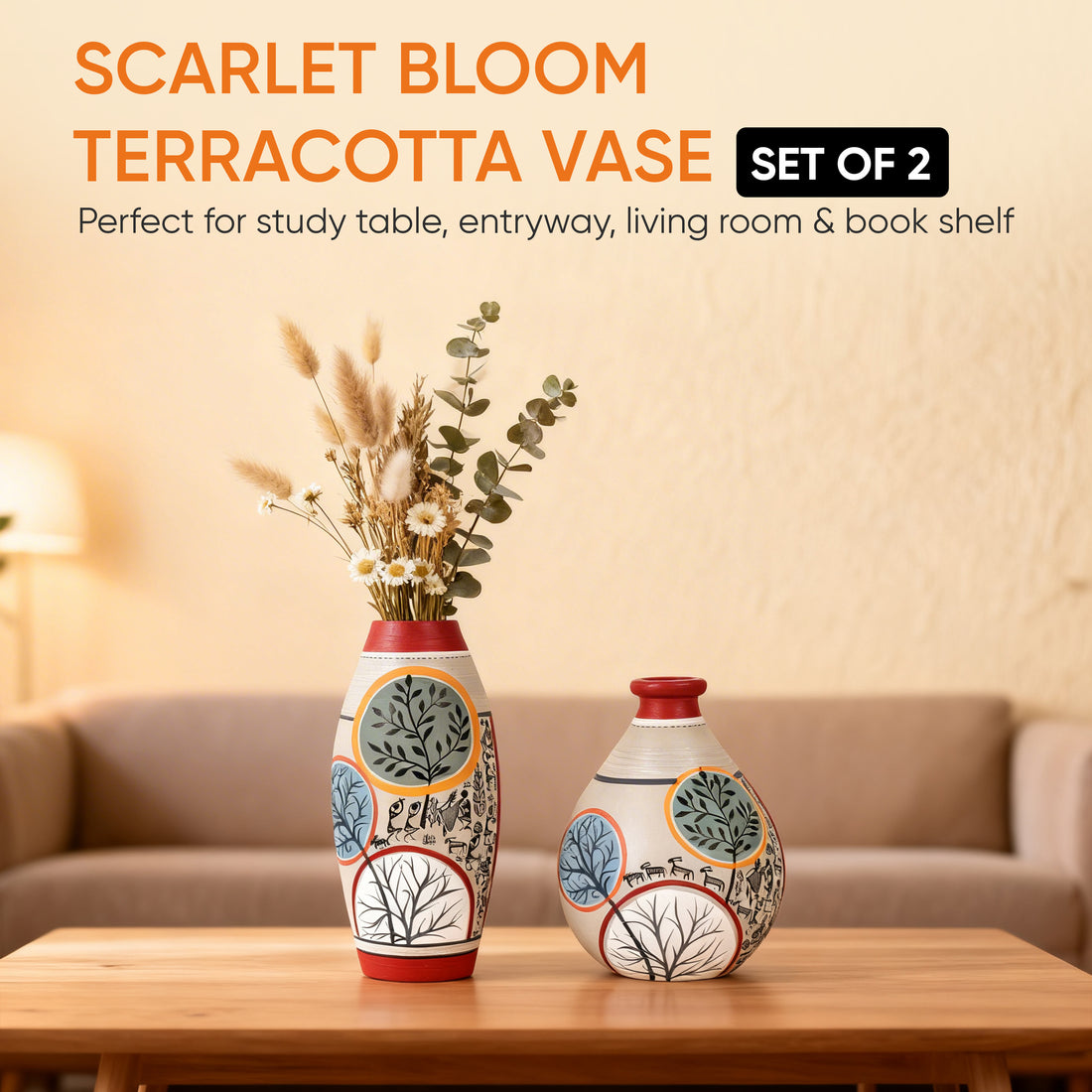 Scarlet Bloom Terracotta Conical Vases S02 (Large - 3x3x7, Small - 4x4x6)