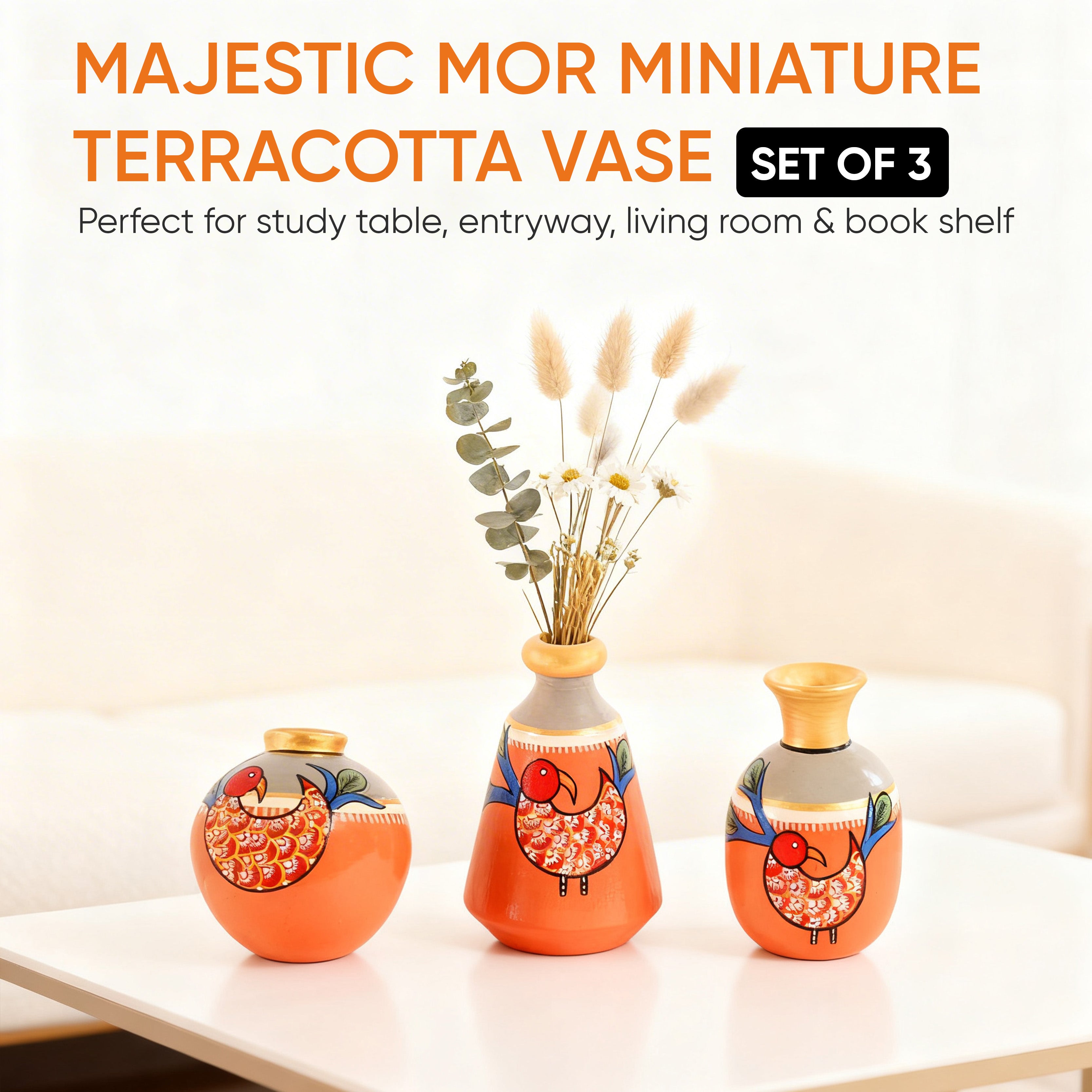 Peacock's Pride Terracotta Vase Set of 3