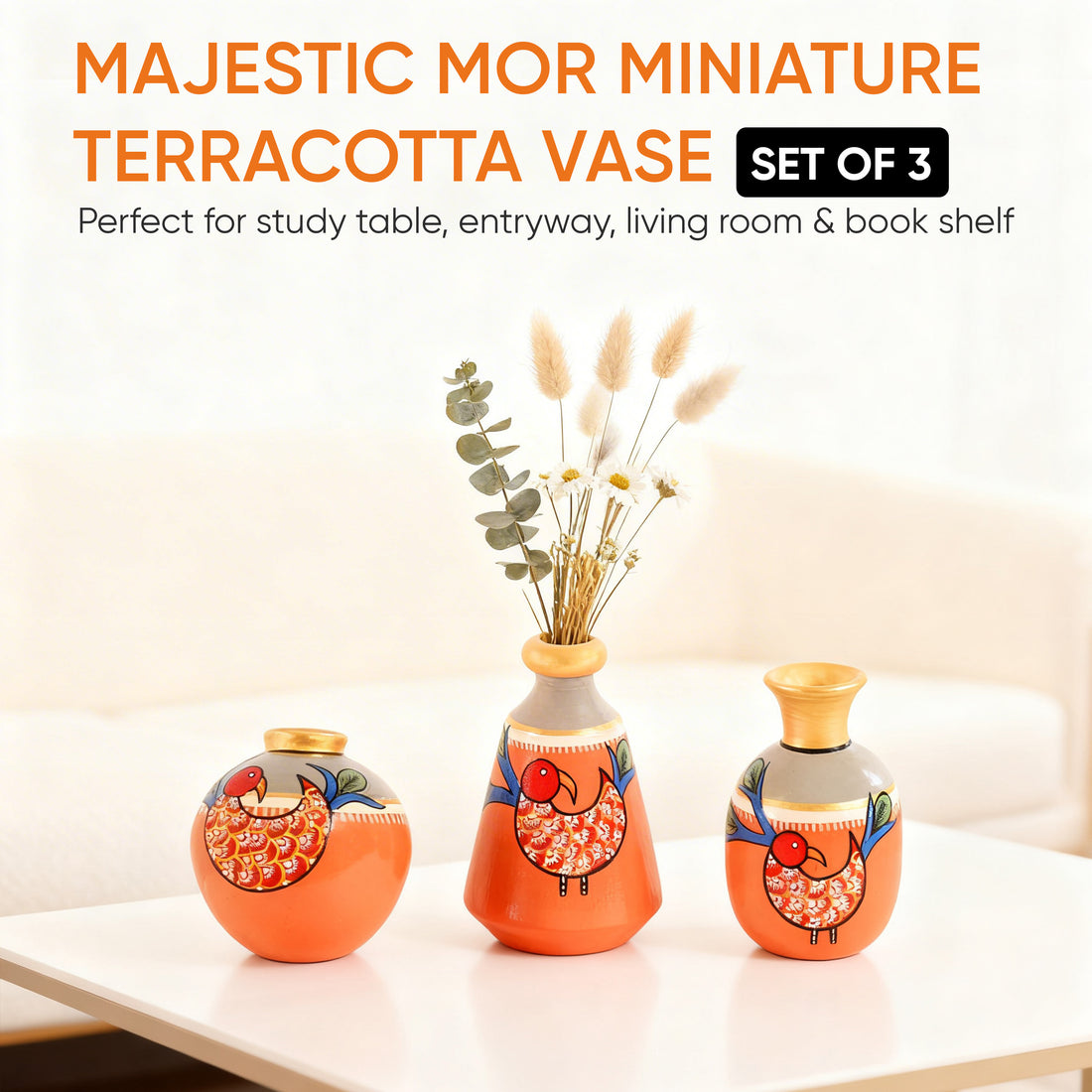 Peacock's Pride Terracotta Vase Set of 3