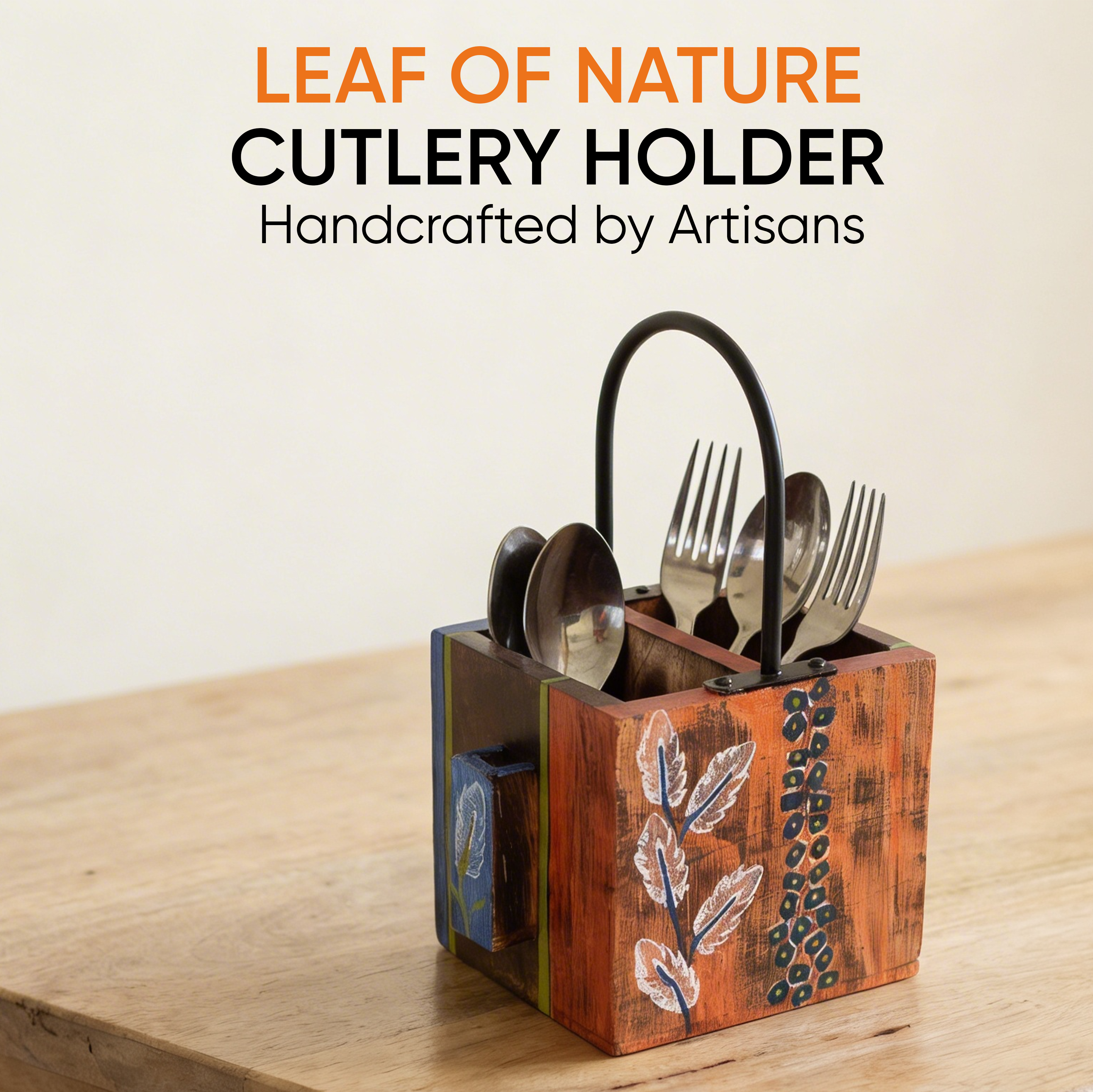 Leaf of Nature' Cutlery Holder Handcrafted in Mango Wood