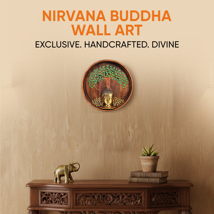 Nirvana Buddha Wall Art, Handcrafted Wooden Decor Featuring Bodhi Tree and Buddha Head for Peace and Enlightenment
