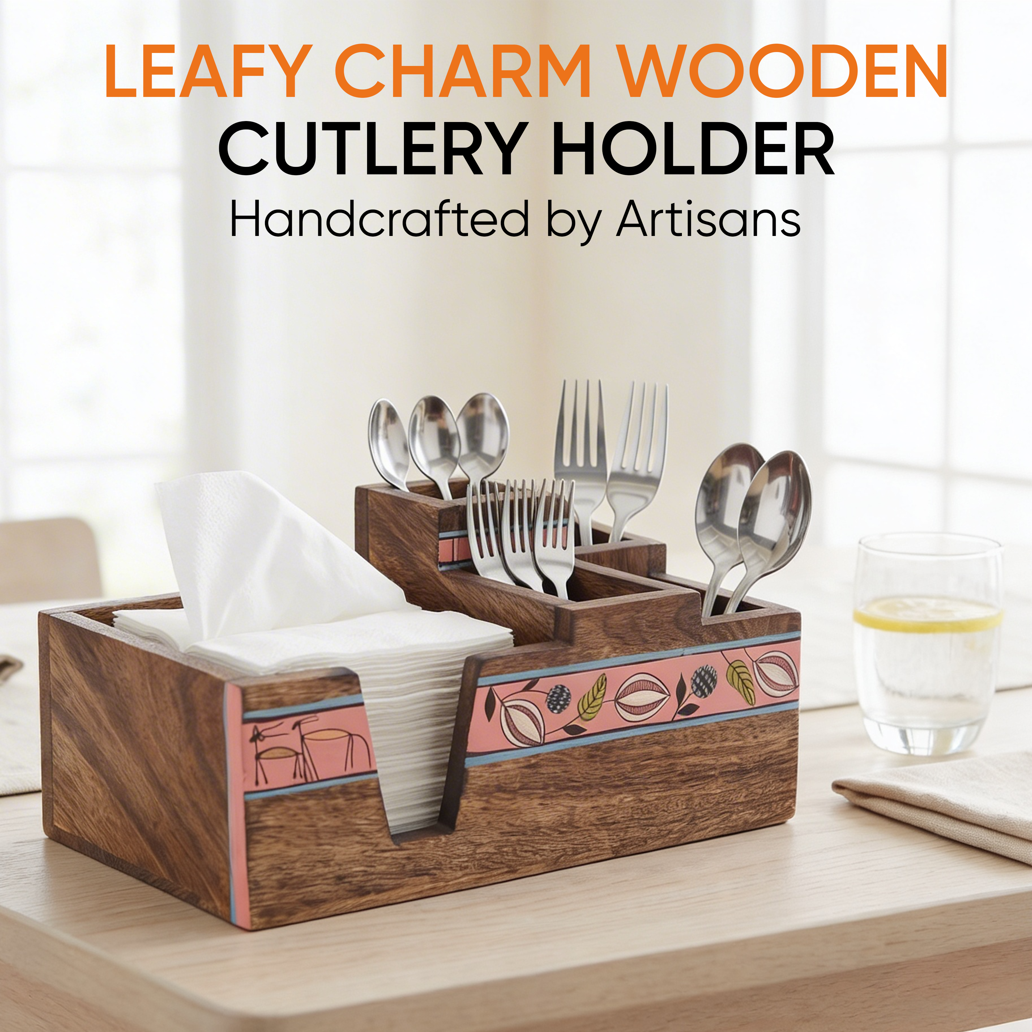 Leafy Charm Wooden Cutlery Holder (10x6x5)