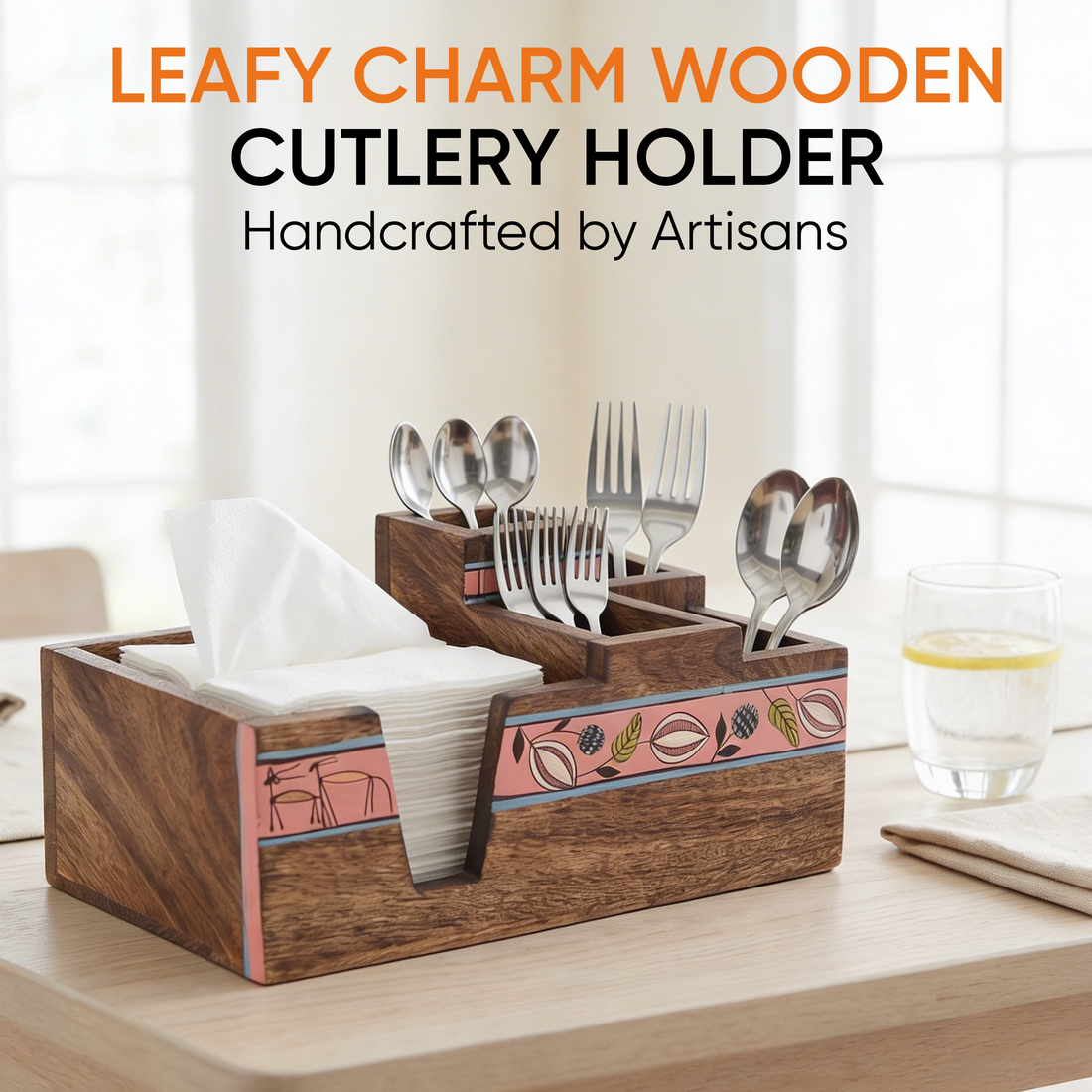 Leafy Charm Wooden Cutlery Holder (10x6x5)