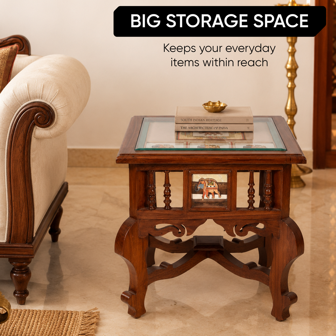 Mahi-I Bedside Table with Oriental Legs in Teakwood with Walnut Matte Finish