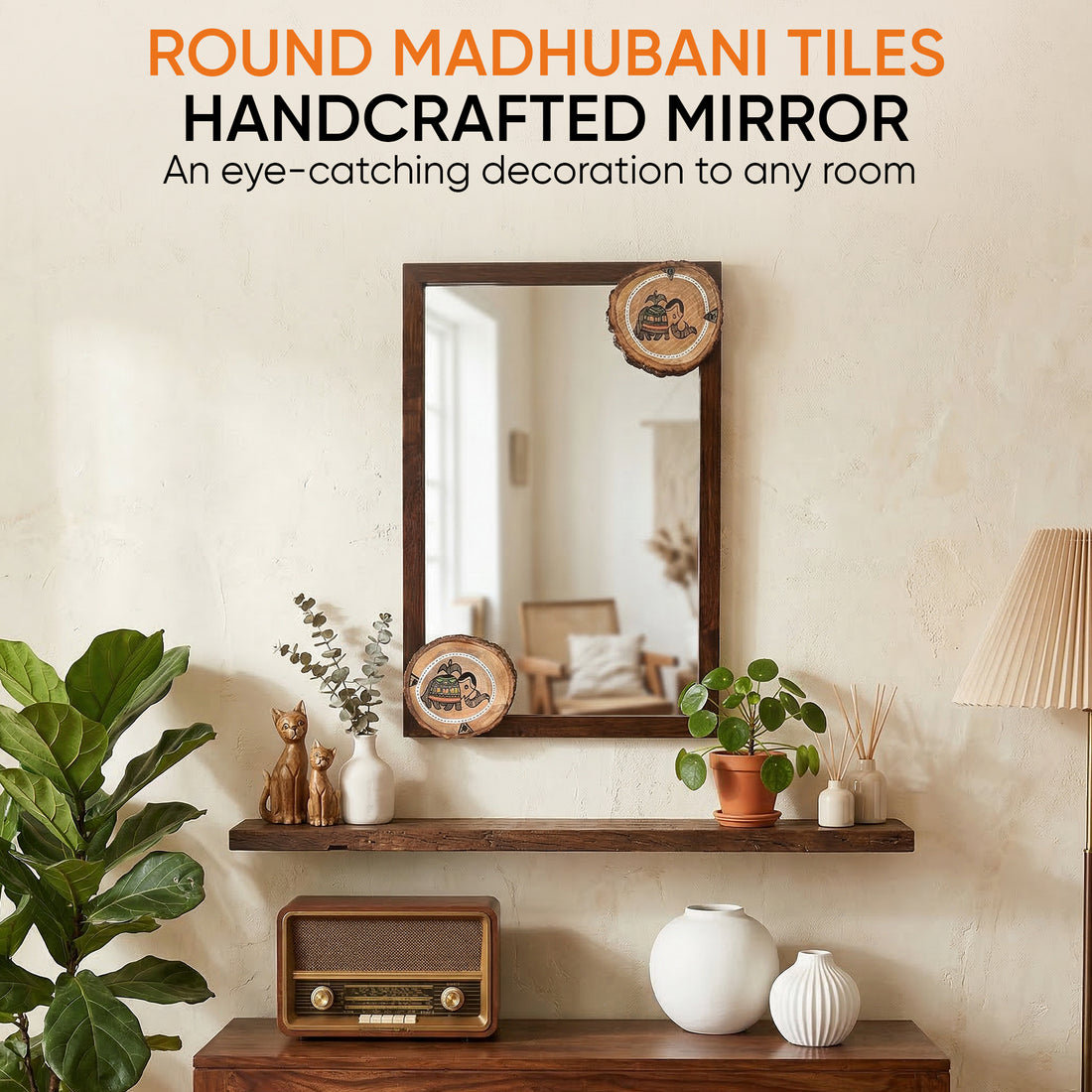 Mirror Handcrafted with Round Madhubani Tiles (12x18)