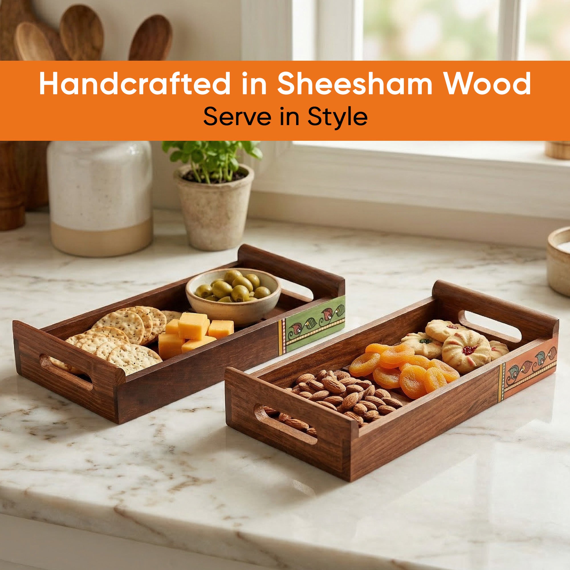 Trays with Madhubani Patterns Handcrafted in RoseWood (set of 2) (13x7/11.5x5.5")