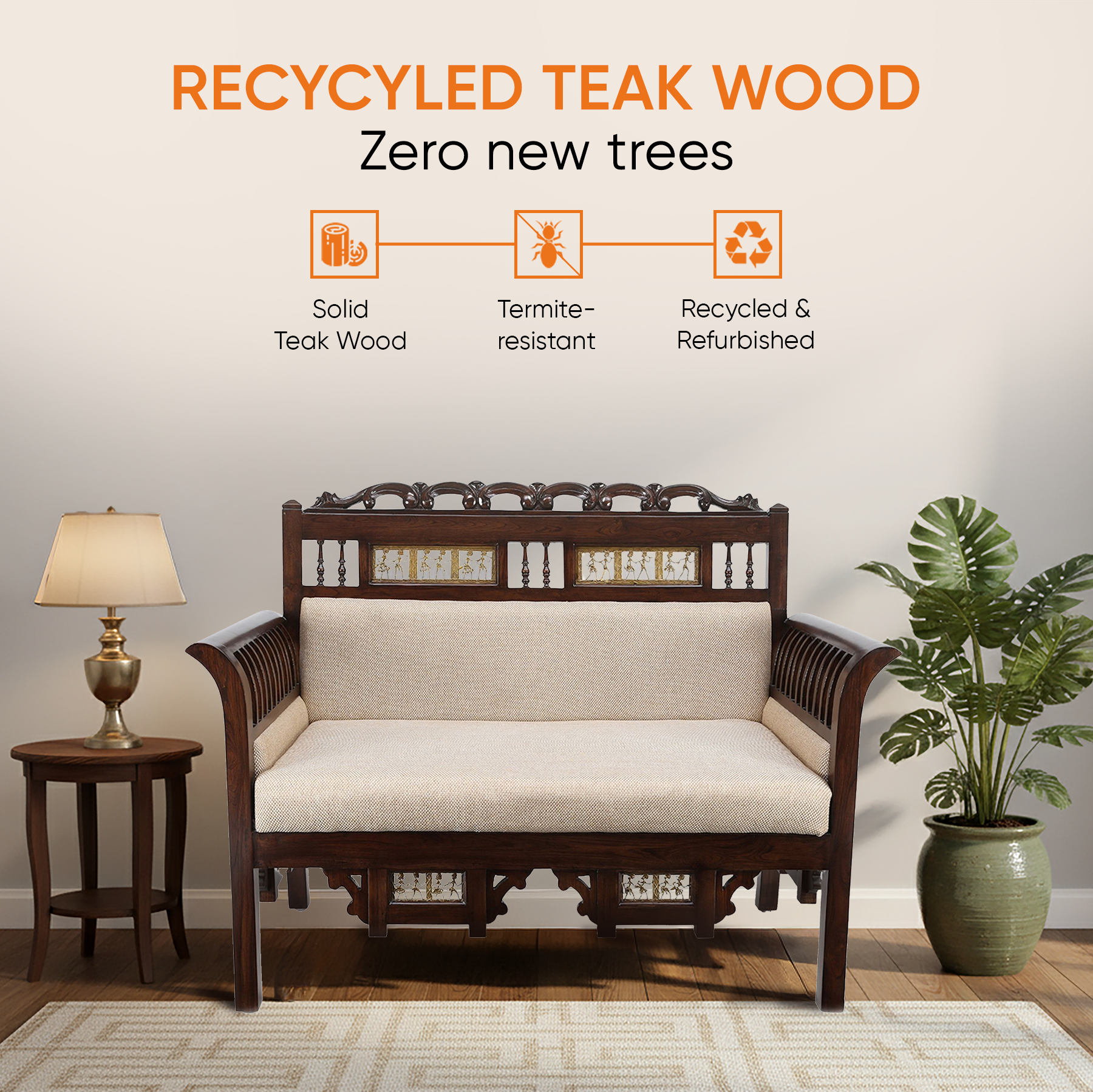 Maharaja Double Seater Sofa in Teakwood with Walnut Finish adorned with Dhokra Brass Frames (51x26x38)