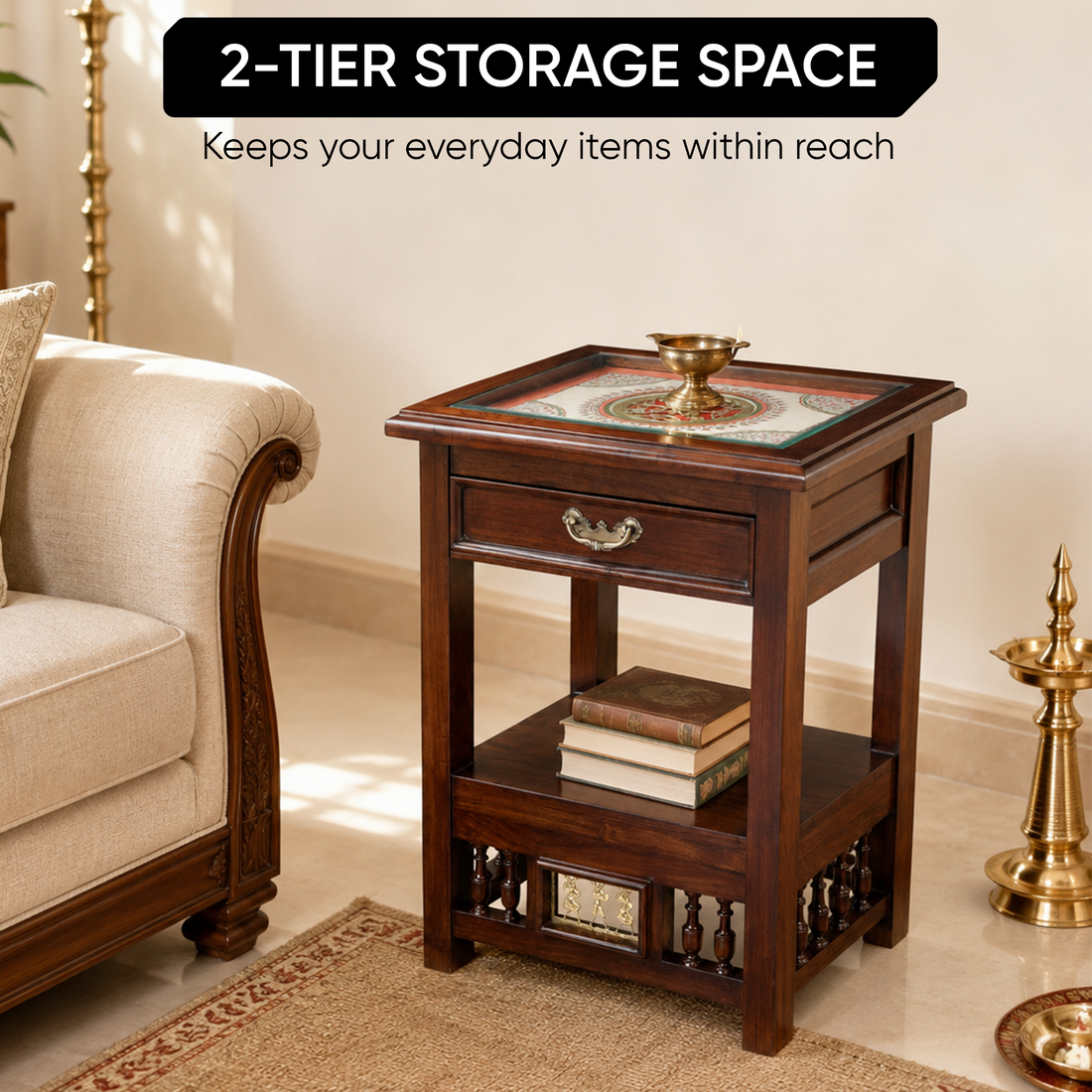 Myra-I Side Table in Teakwood with Walnut Matte Finish, with Drawer (18x15x24)