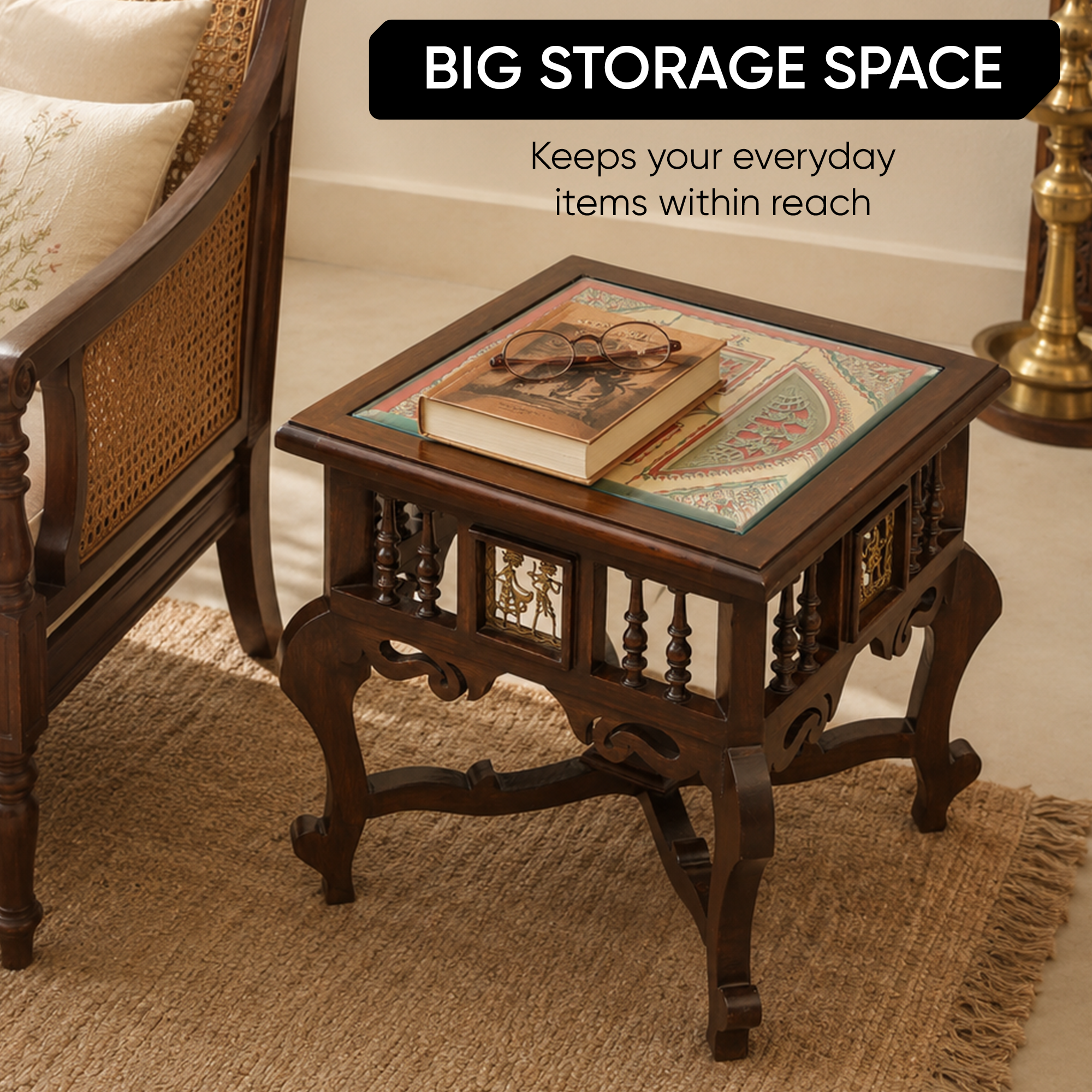 Munich-II Bedside Table with Oriental Legs in Teakwood with Walnut Finish (18x18x18)