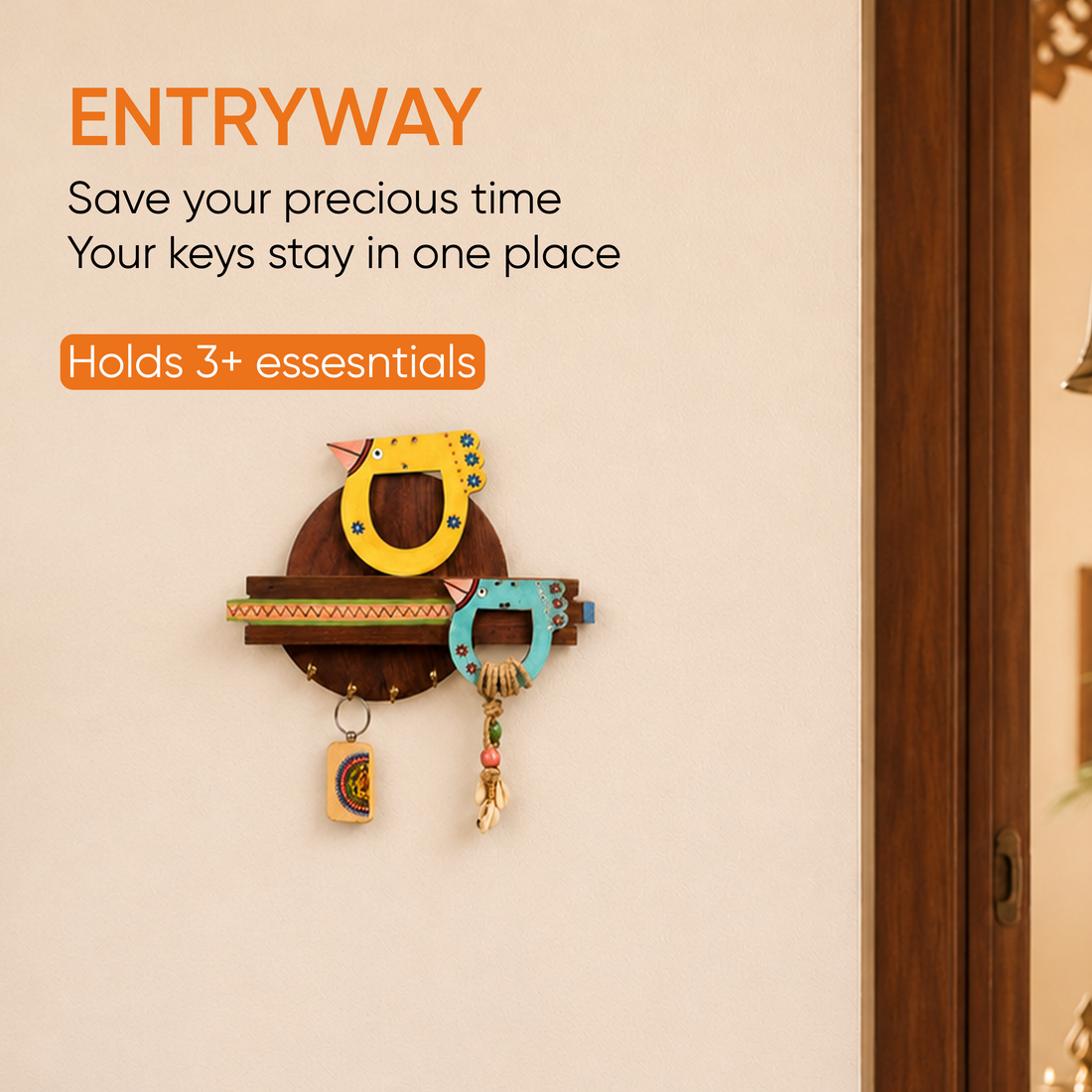 Key Holder Handcrafted Tribal Art Bird Theme 4 Keys (10x1.7x7.5)