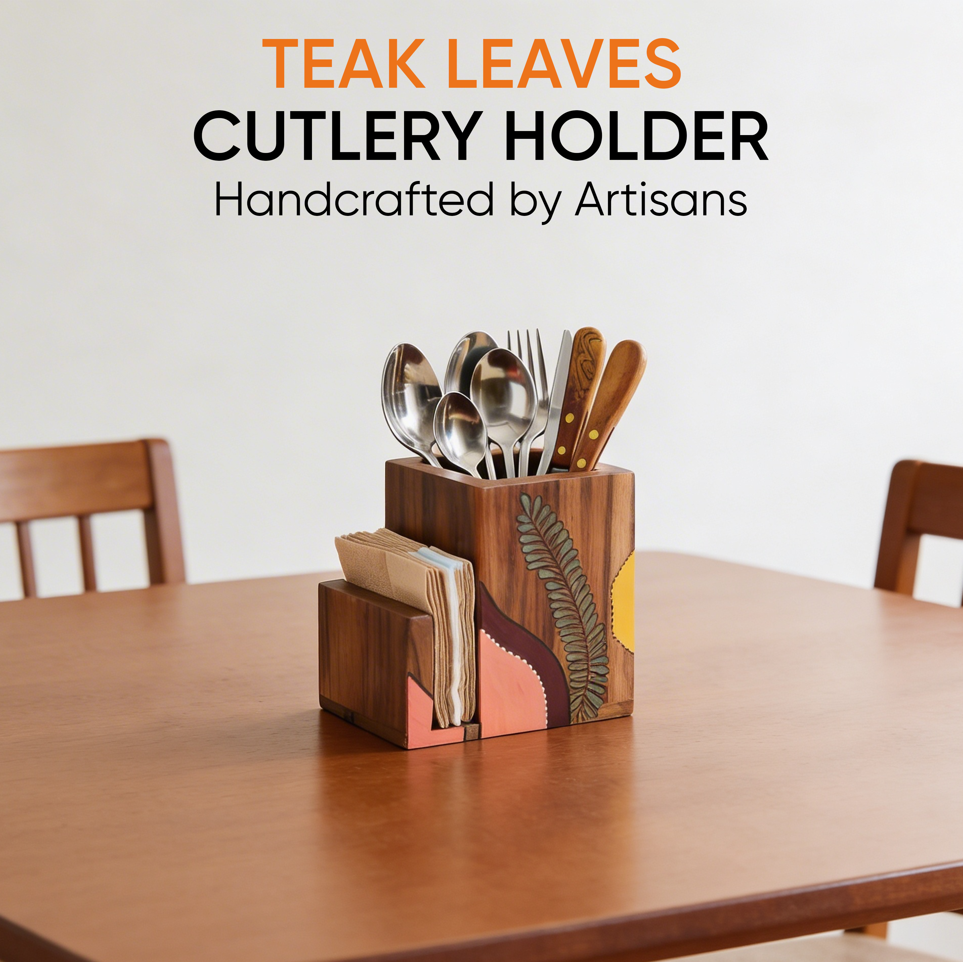 Teak leaves cutlery holder small (4.5x3x4.5)