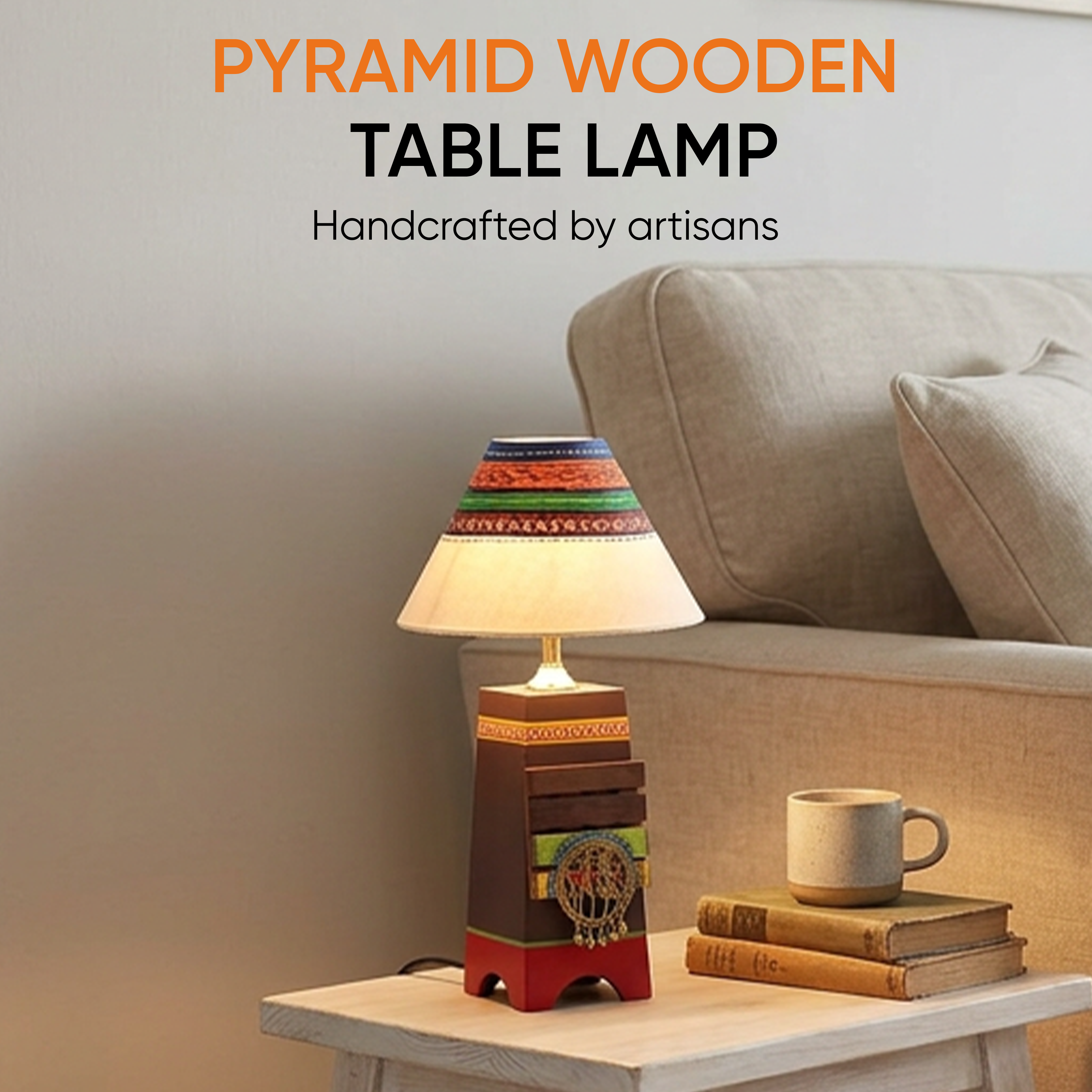 Pyramid wooden Table Lamp in Brown with Brass motifs, decorated with Tribal paintings with white Shade