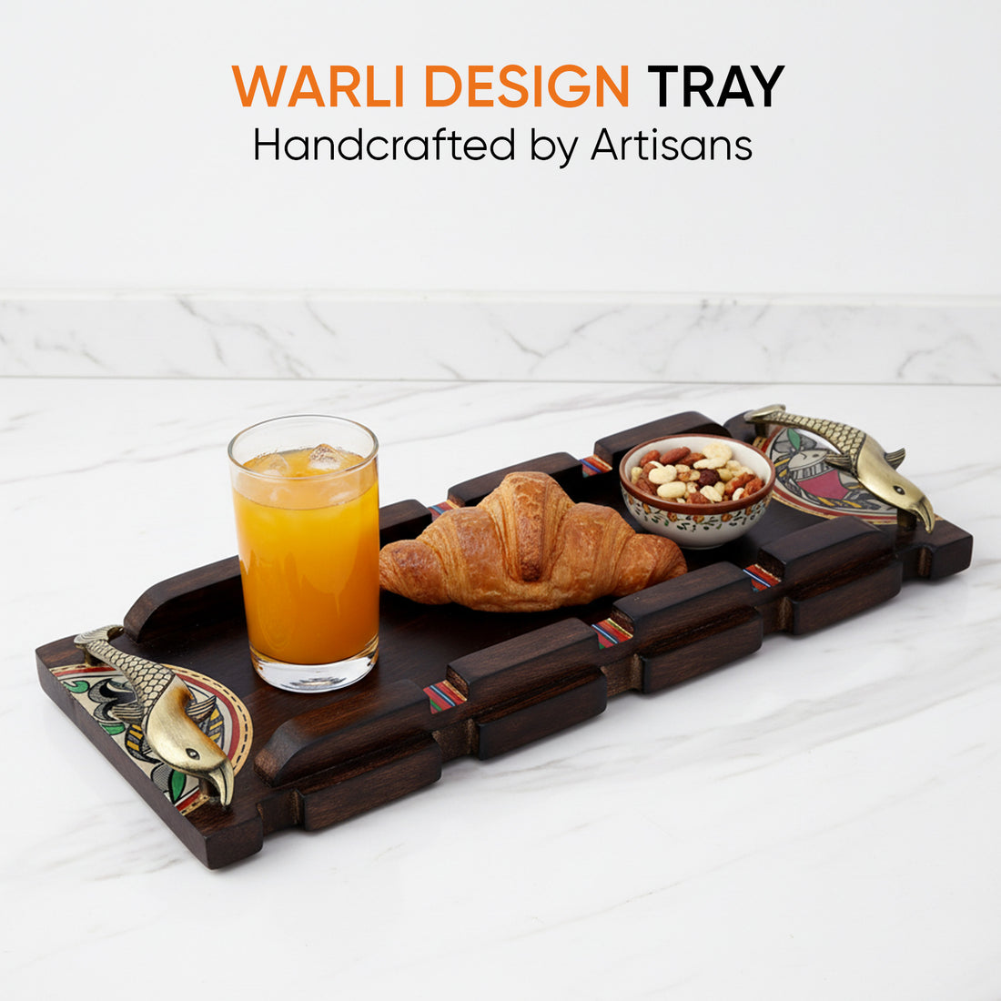 Tray handcrafted with Warli design & Fish Handles (15x6)