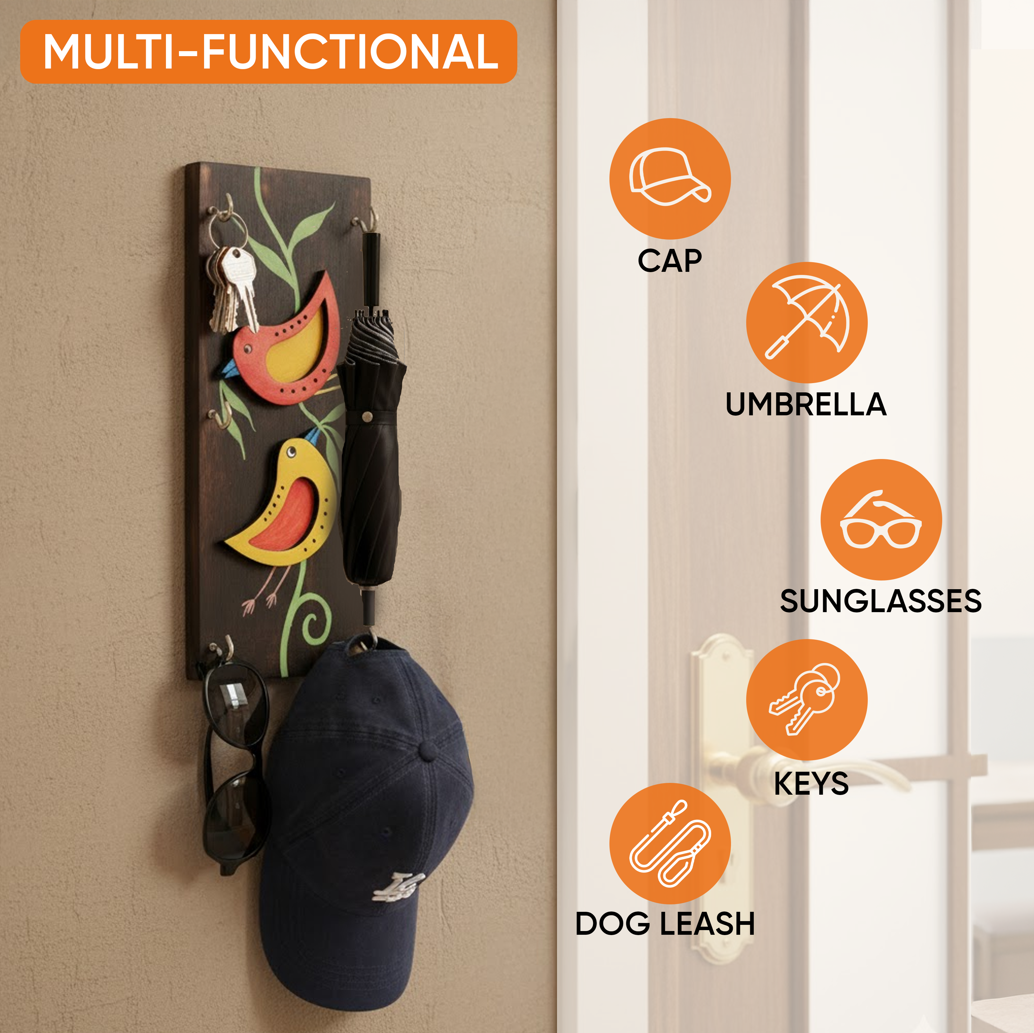 Ini Mini Hand Painted Wooden Key Holder, Vertical Wall Mounted Key Hanger with Twin Bird Design for Homedecor