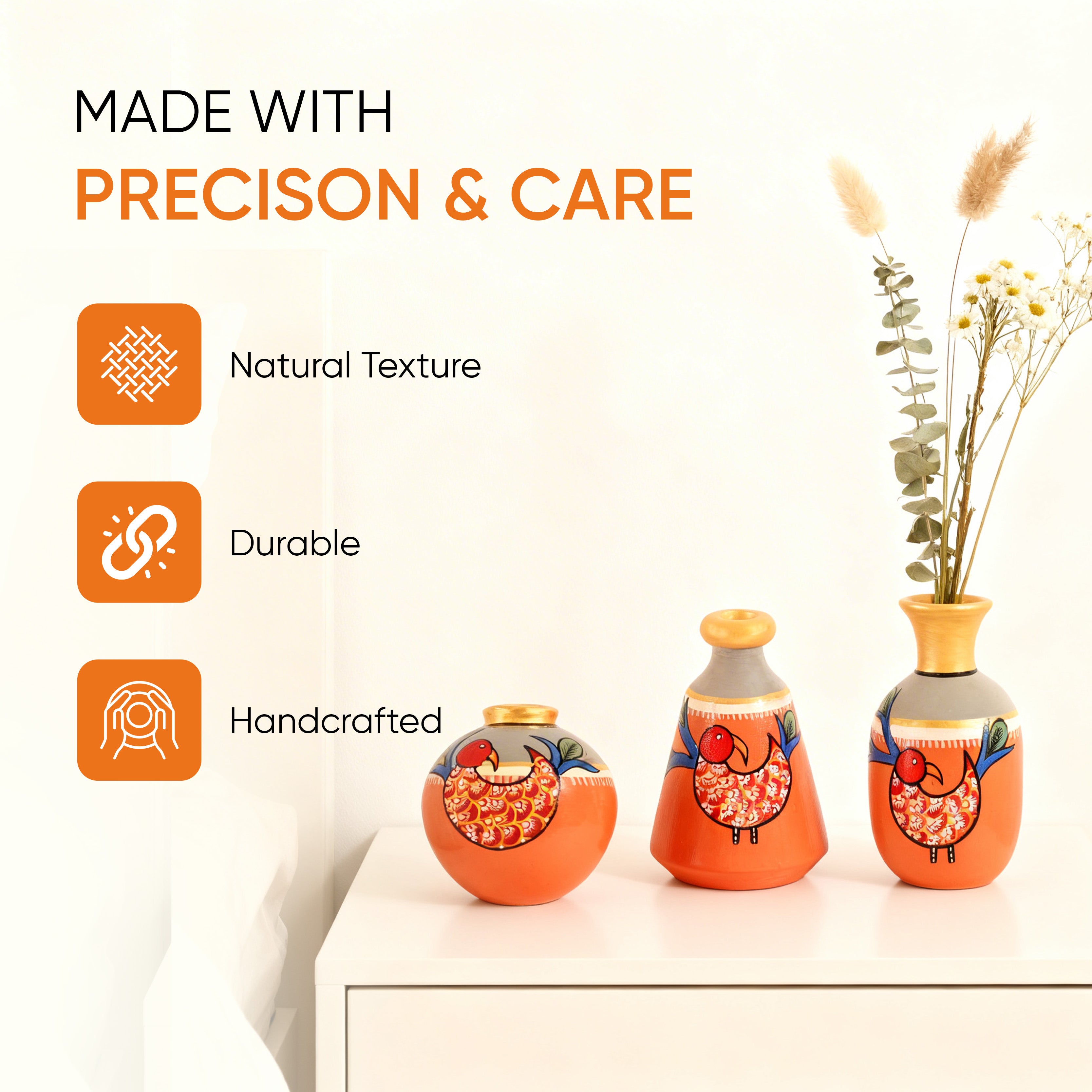Peacock's Pride Terracotta Vase Set of 3