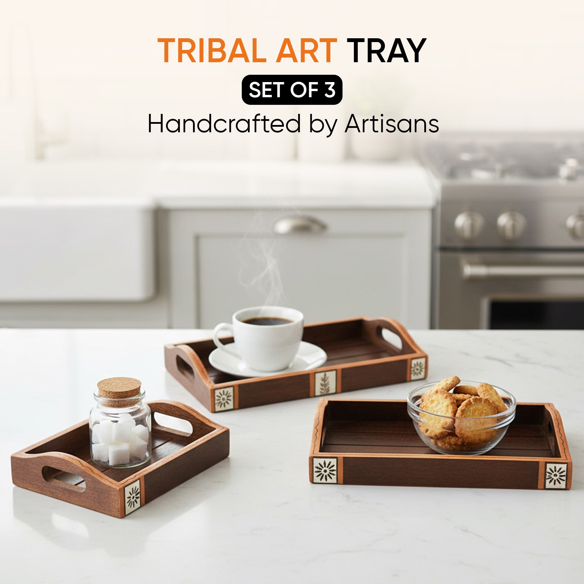 Trays with Tribal Art Handcrafted in MangoWood (set of 3) (9x5/6x4/5.5")