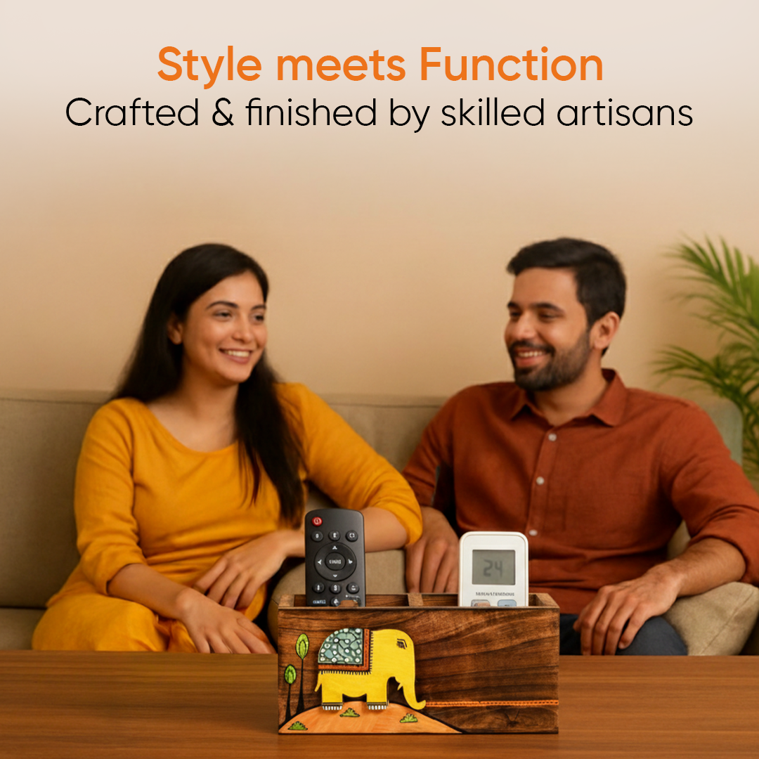 Hola Hand Painted Wooden Cutlery Holder, Artisan Organizer for Dining Table and Kitchen