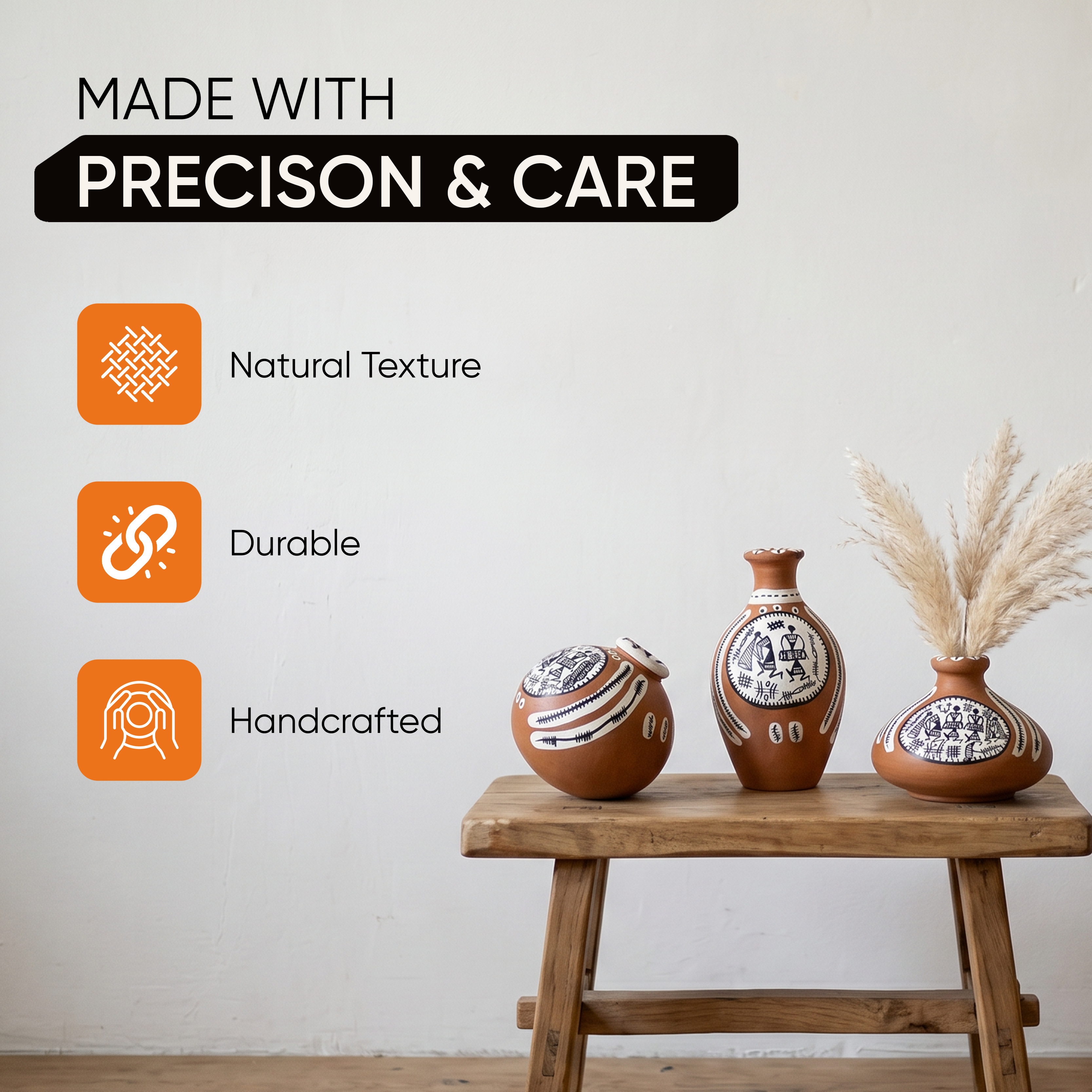 Vase Earthen Miniatures Natural Warli (Set of 3) 2.4/2/2