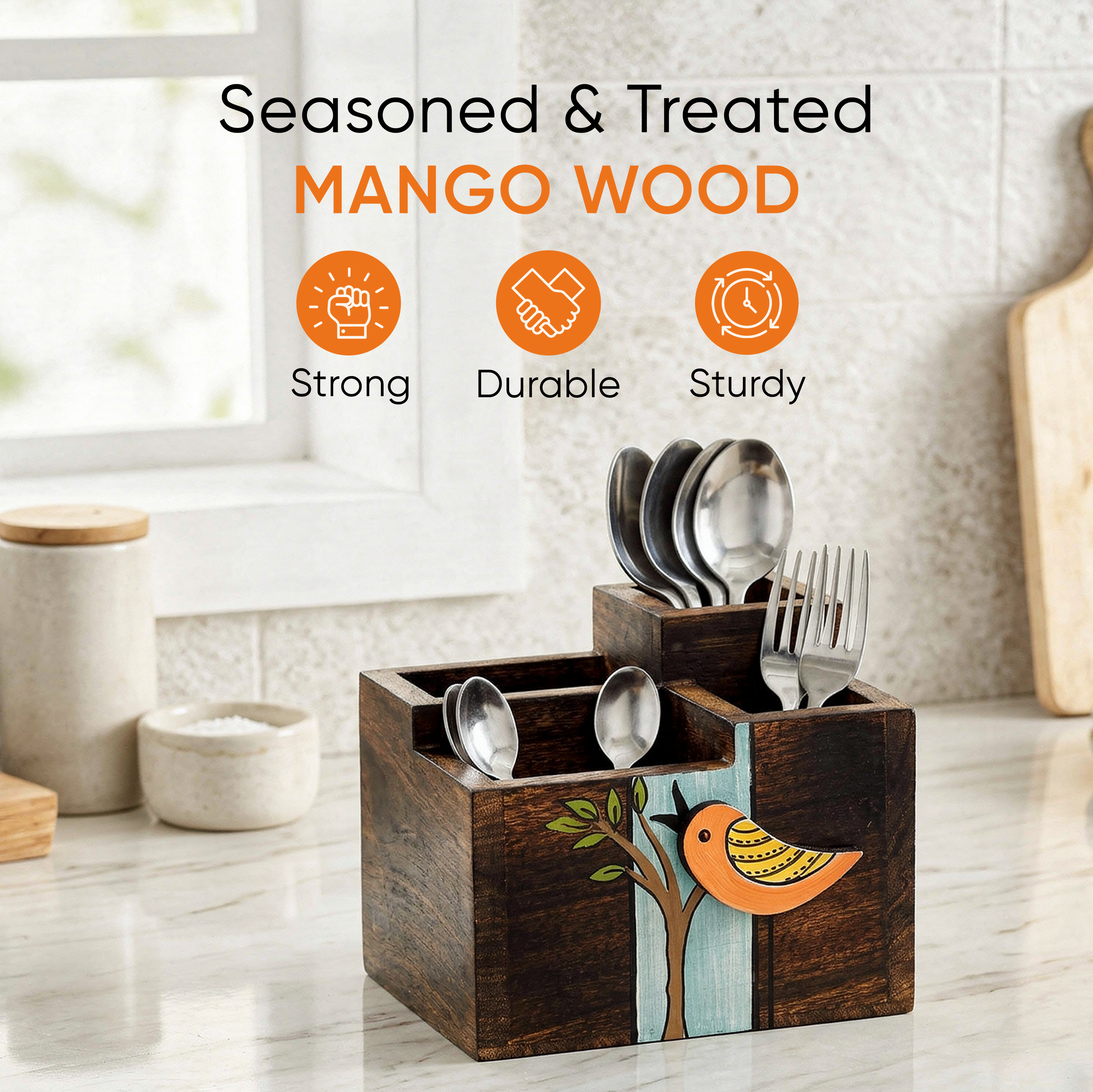 Robin Handcrafted Wooden Cutlery Holder, Elegant Organizer for Kitchen and Dining Table