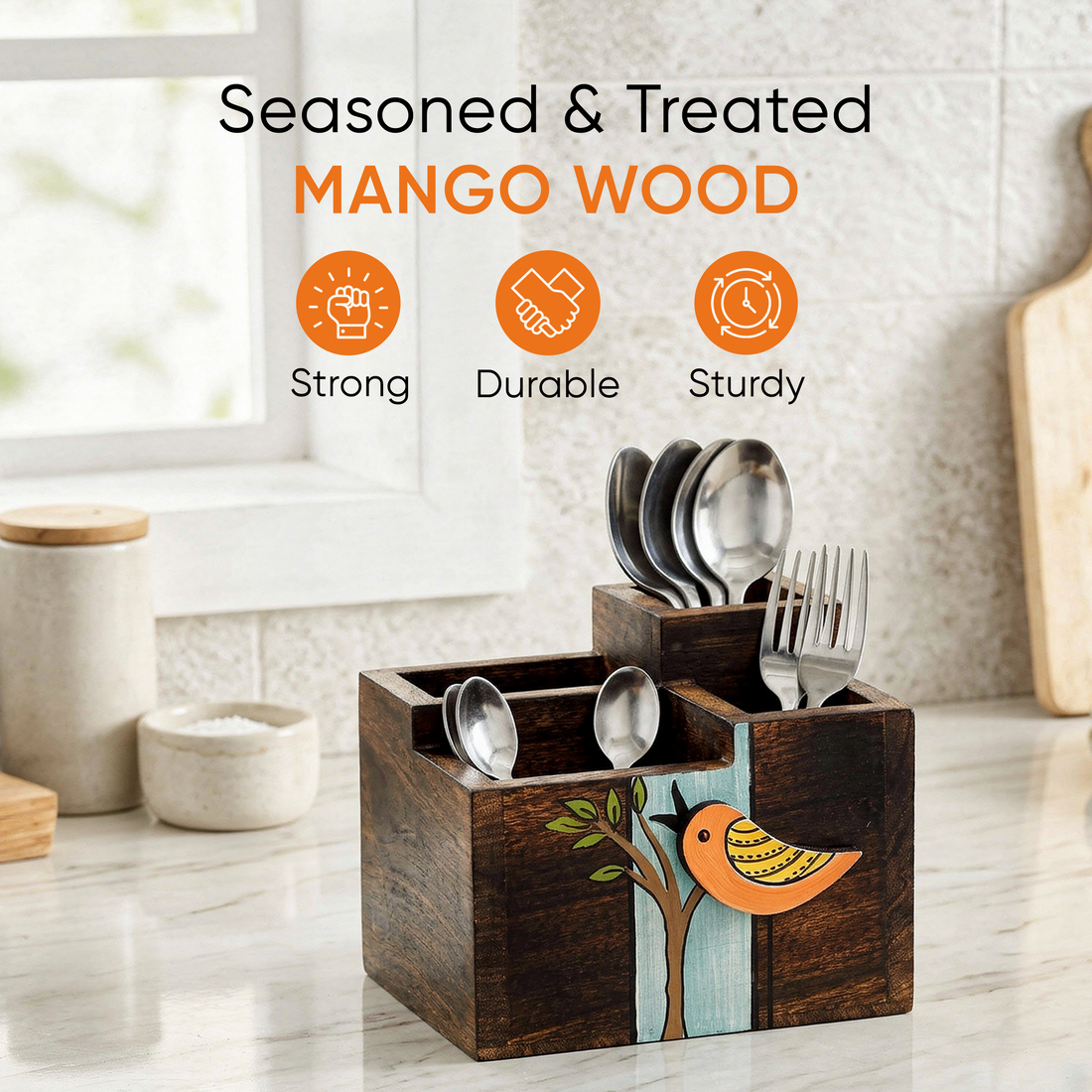 Robin Handcrafted Wooden Cutlery Holder, Elegant Organizer for Kitchen and Dining Table