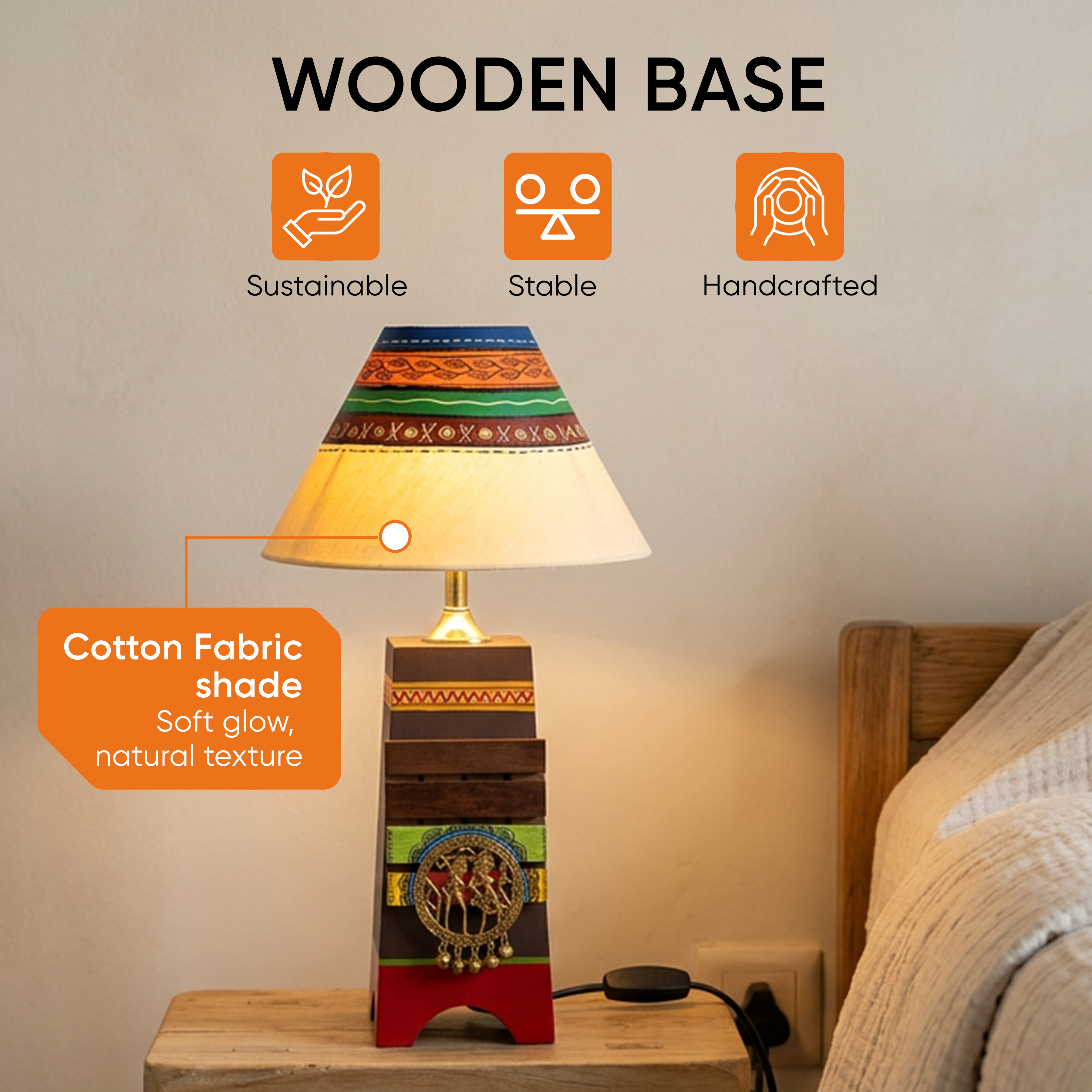 Pyramid wooden Table Lamp in Brown with Brass motifs, decorated with Tribal paintings with white Shade