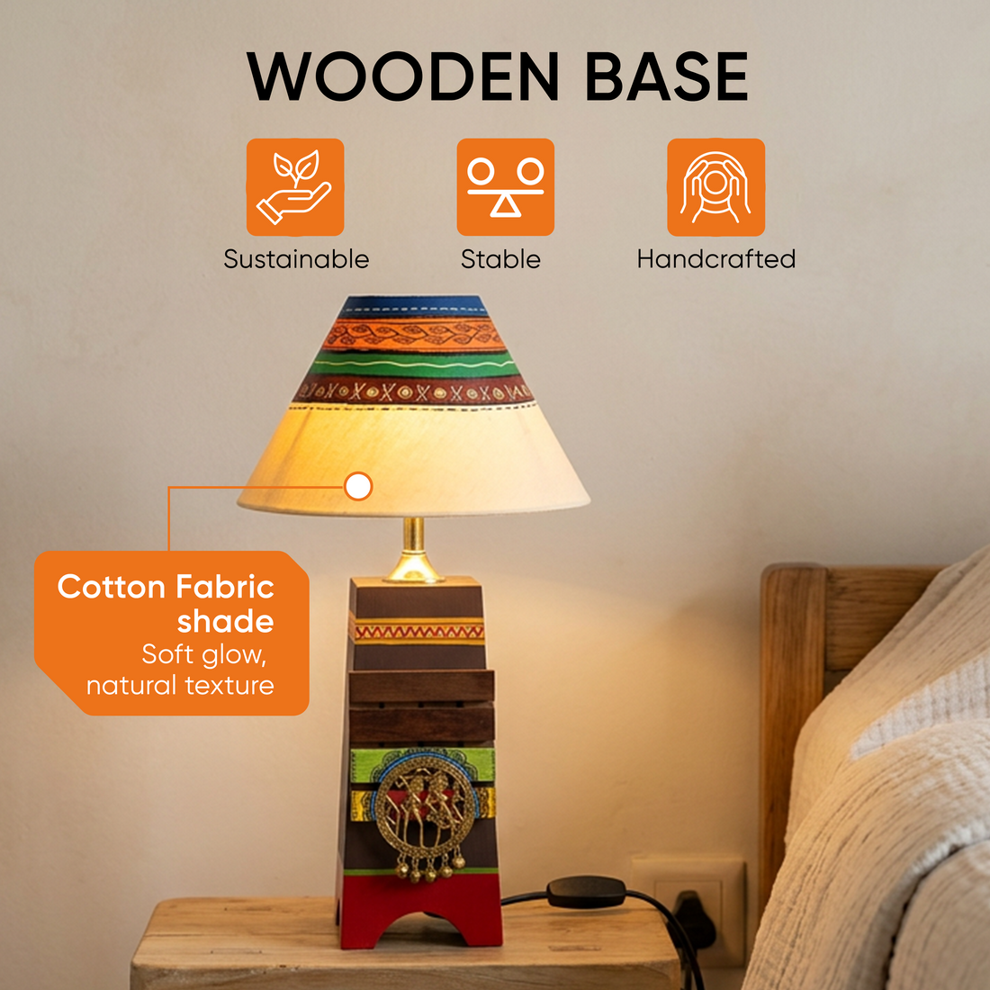 Pyramid wooden Table Lamp in Brown with Brass motifs, decorated with Tribal paintings with white Shade