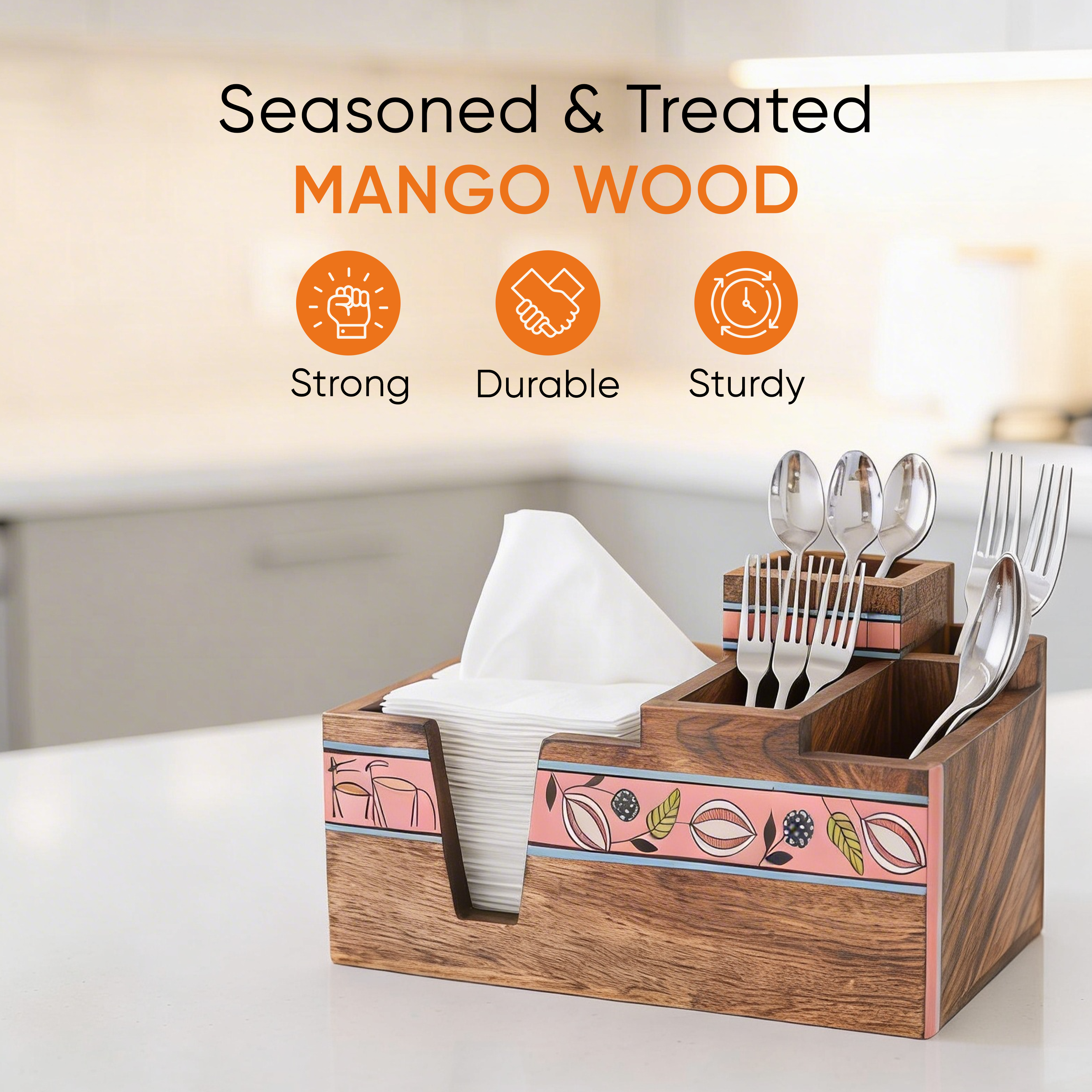 Leafy Charm Wooden Cutlery Holder (10x6x5)