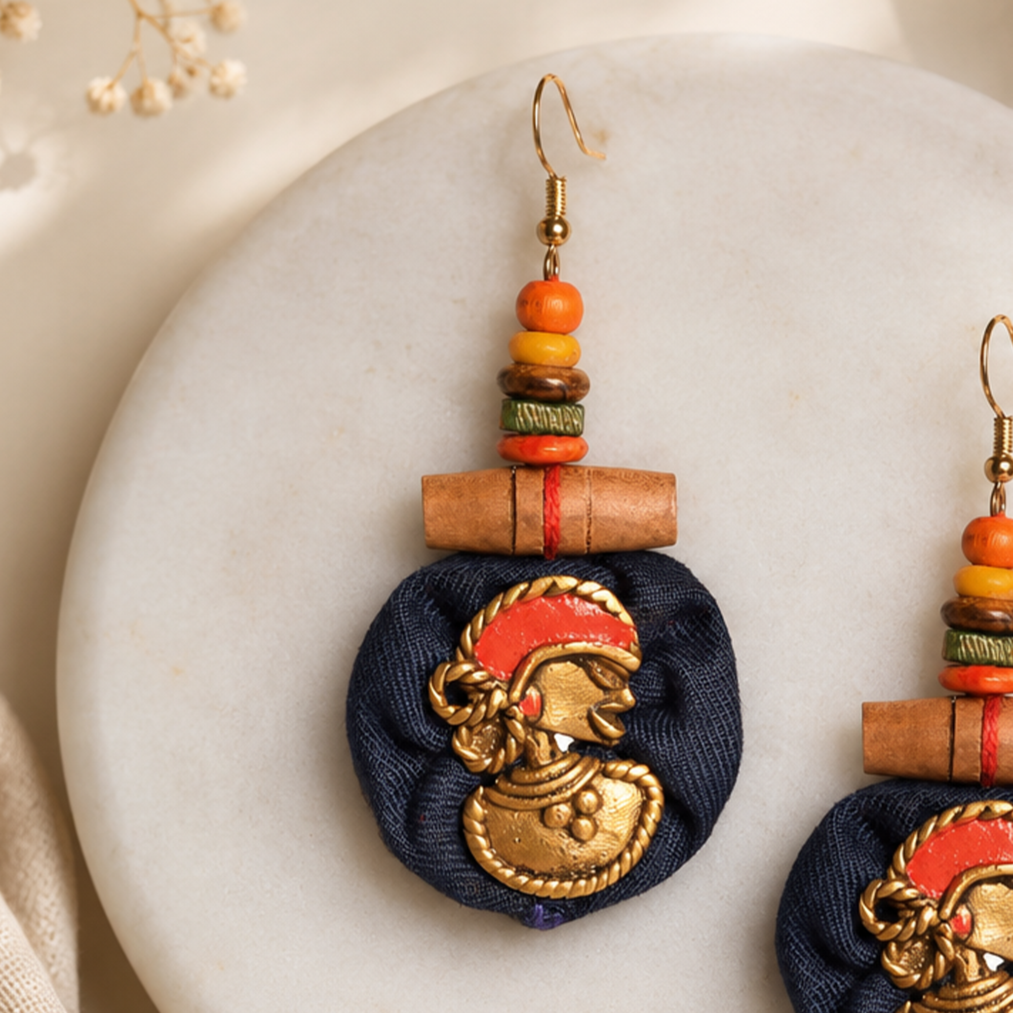 The Royal Empress Handcrafted Tribal Dhokra Round Earrings in Blue