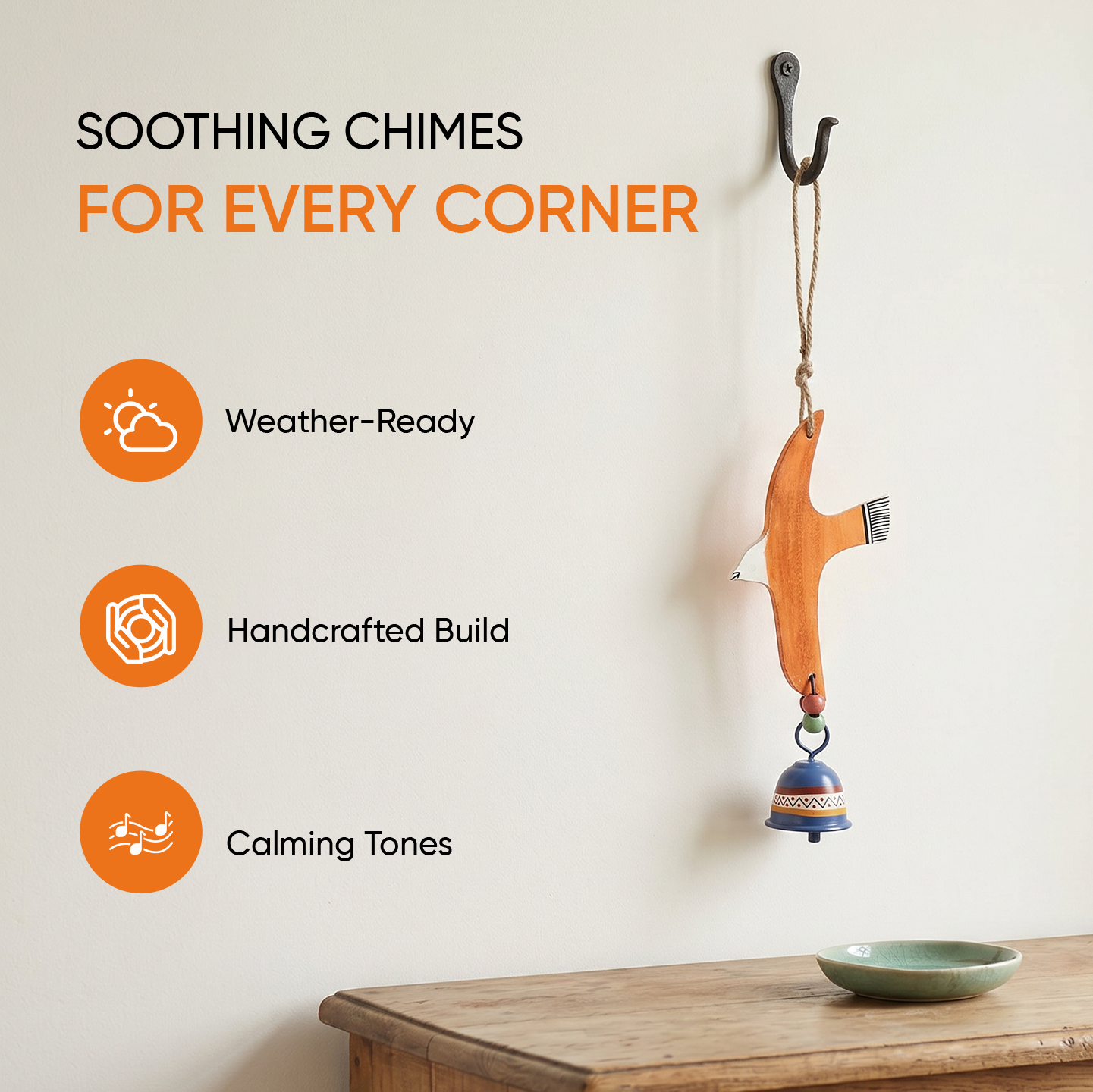Orange Fly Bird Wind Chimes with Metal Bell for Home Decoration