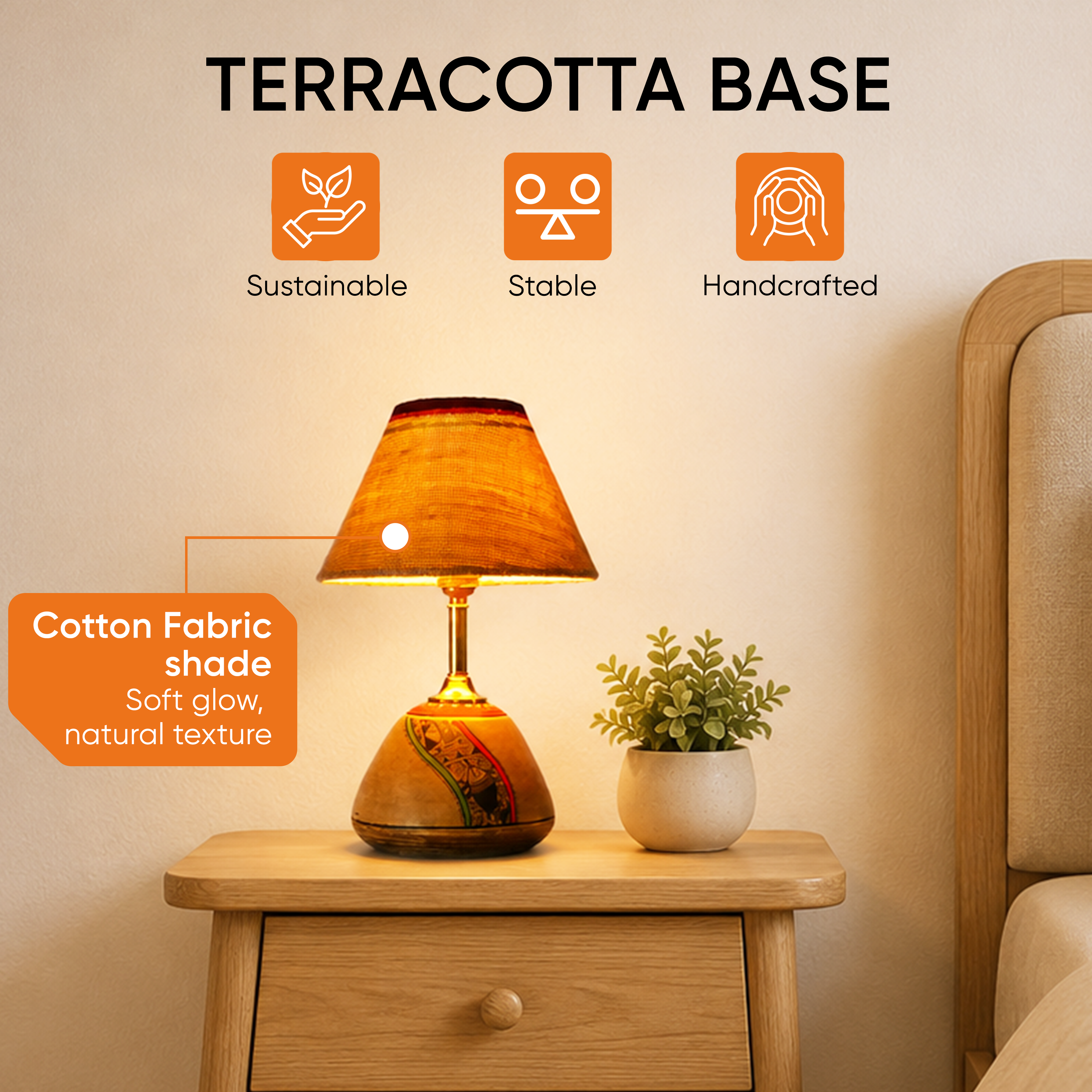 Table Lamp Beige Earthen Handcrafted with White Shade (12.6x6.1")