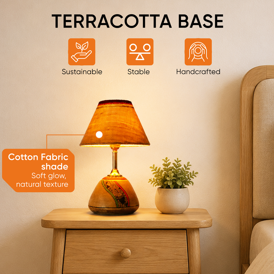 Table Lamp Beige Earthen Handcrafted with White Shade (12.6x6.1")