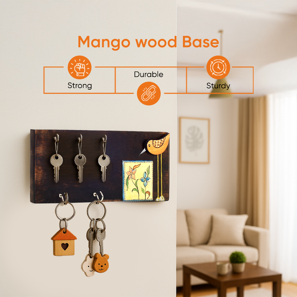 Rio Hand Painted Wooden Key Holder, Horizontal Wall Mounted Key Hanger with Bird and Floral Art for Entryway and Homedecor