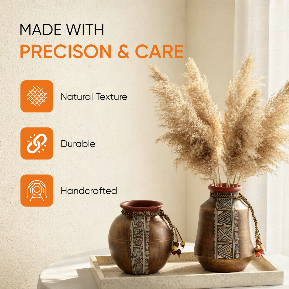 Simmering Sand Handpainted Terracotta Vase Set of 2 (4x3x5.5/4.5x2.5x6.5)